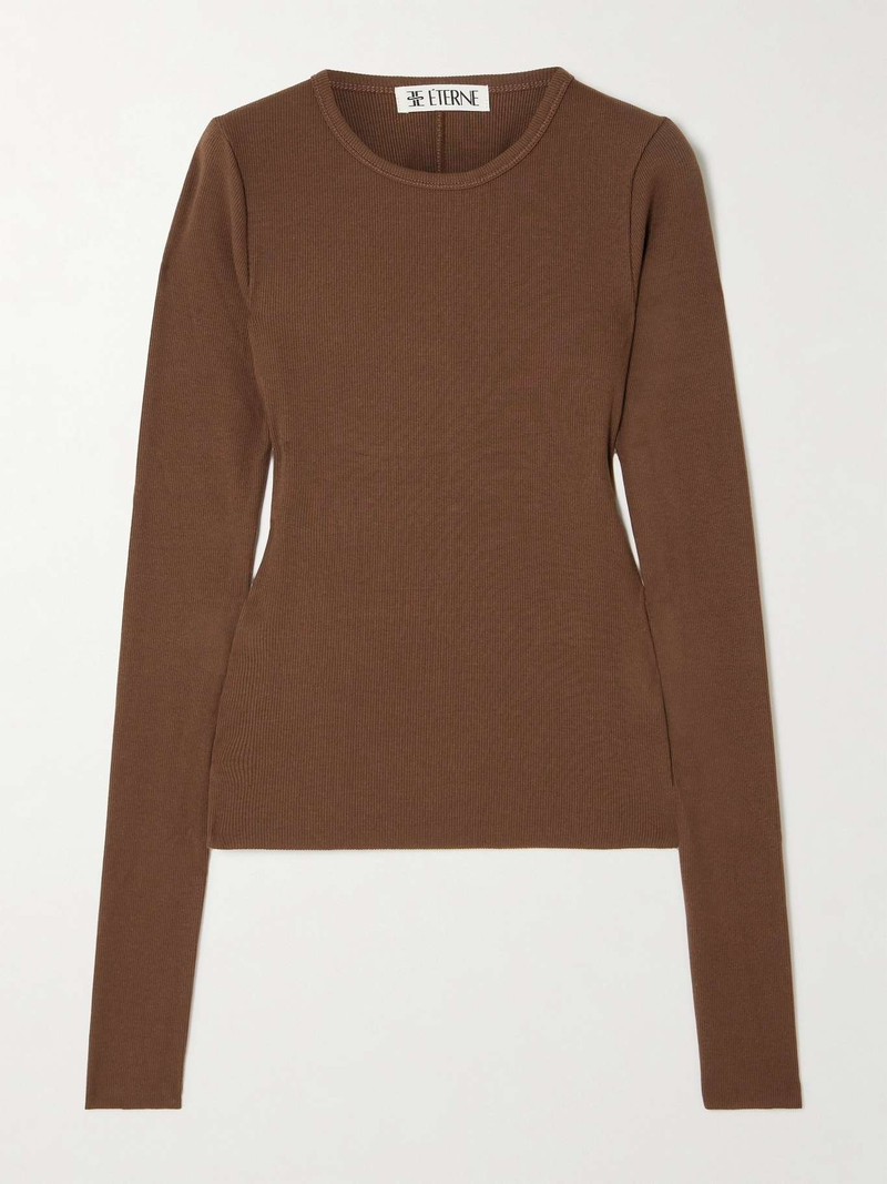 Ribbed stretch cotton and modal-blend top Brown - 1