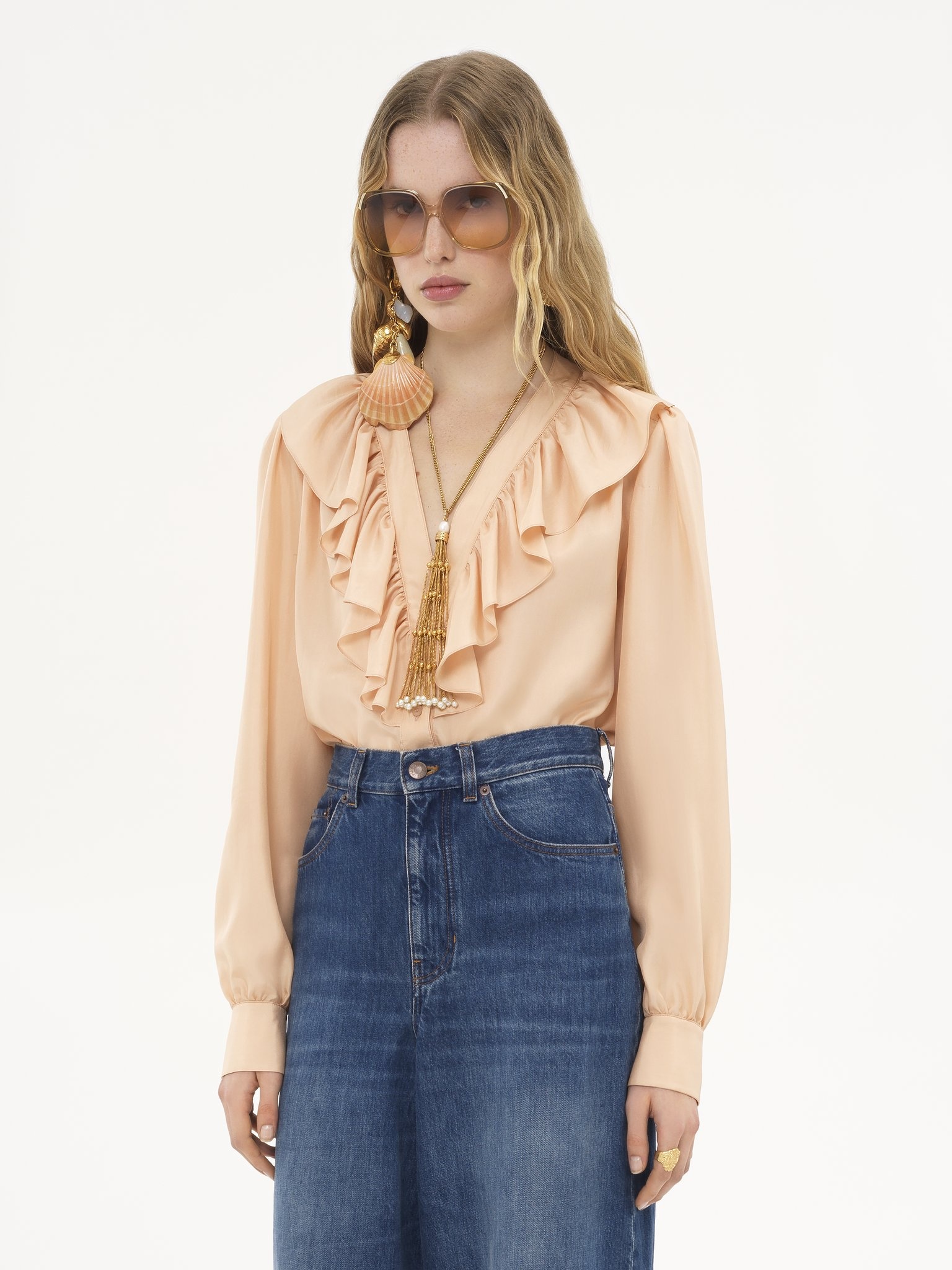 V-NECK RUFFLED BLOUSE IN SILK HABOTAI - 4