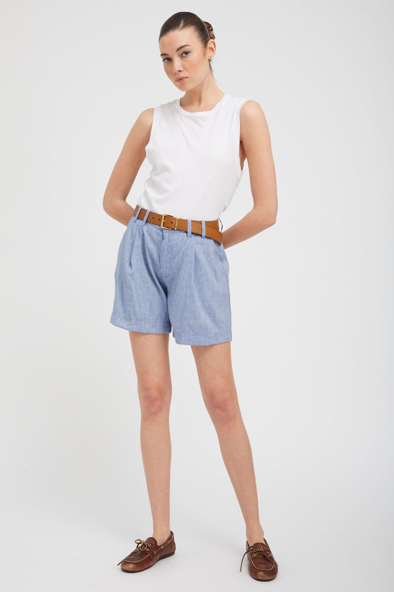 BLUE LINEN PLEATED TROUSER SHORTS - 3
