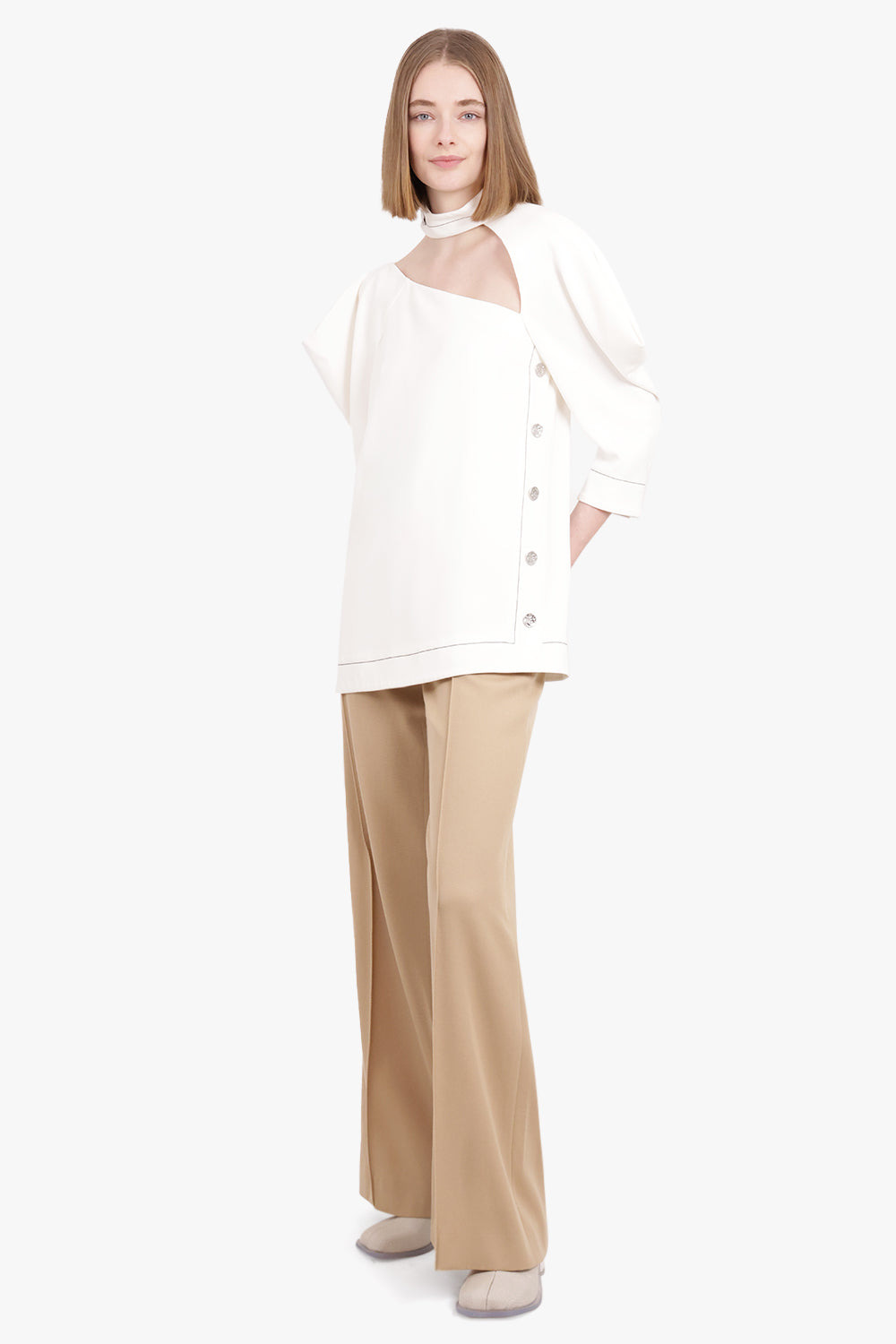 ASYMMETRIC CUTOUT BLOUSE 3/4SL OFF WHITE - 3