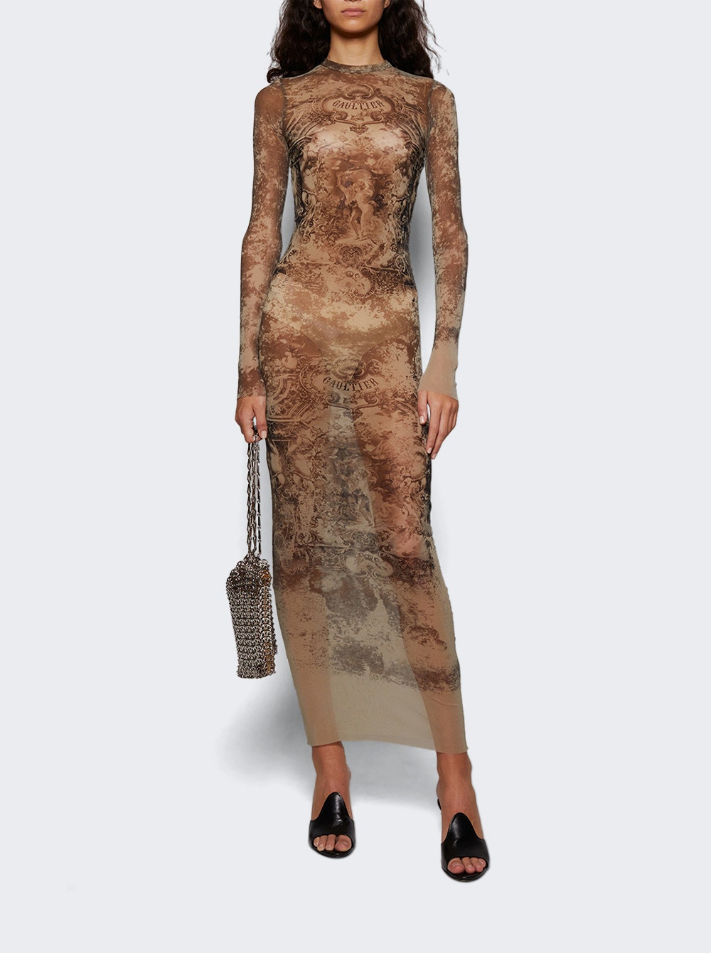 Long Mesh Dress Beige Médaillon Print - 5