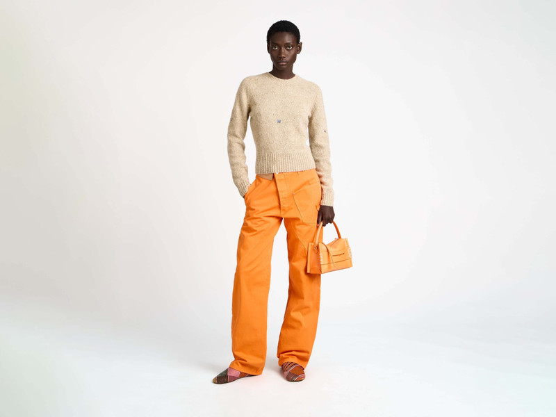 JW Anderson EMBROIDERED CREW NECK JUMPER IN OATMEAL MELANGE outlook