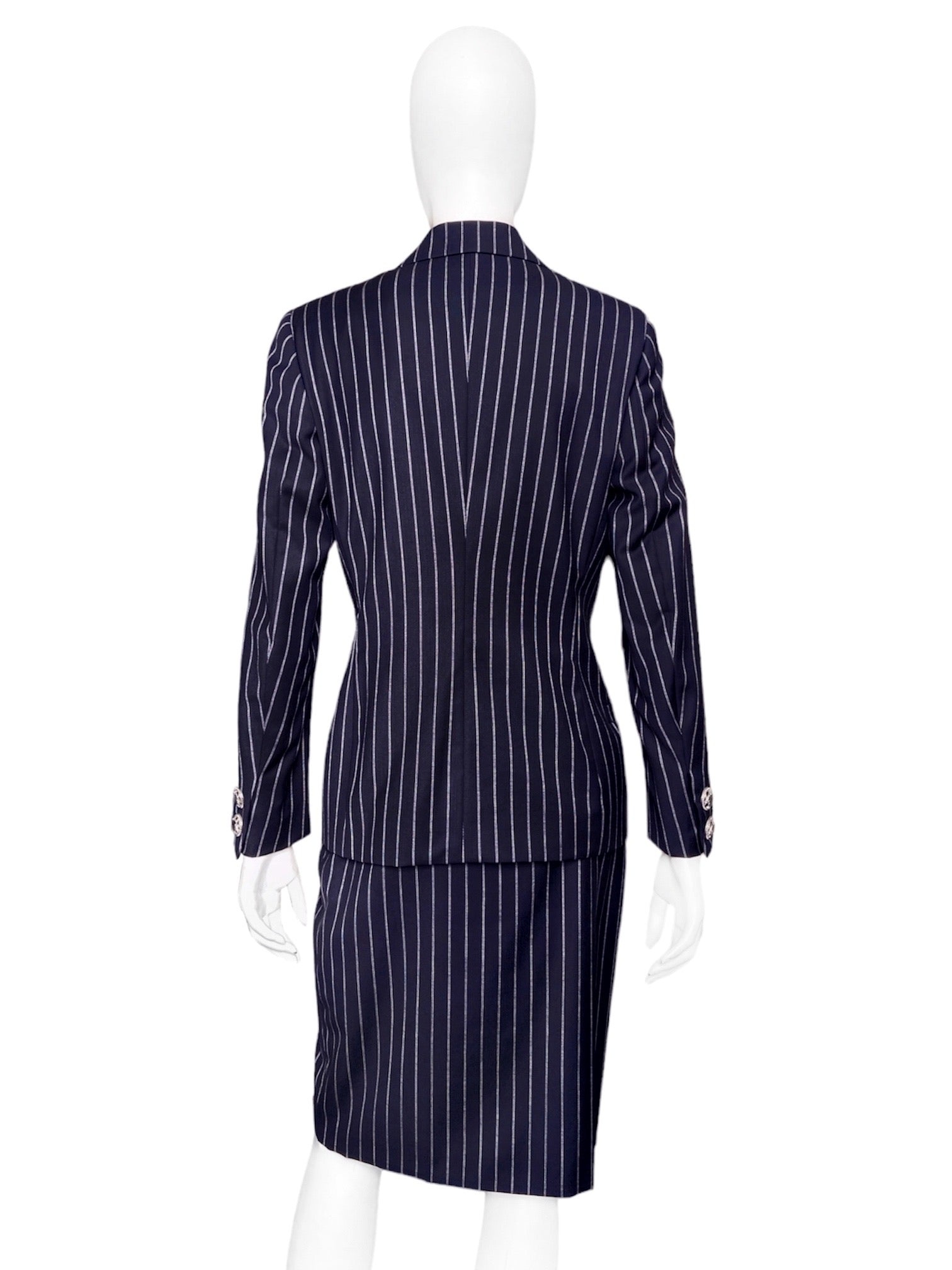 Gianni Versace Spring 1995 Navy Double Pinstriped Wrap Skirt Suit 42 - 6