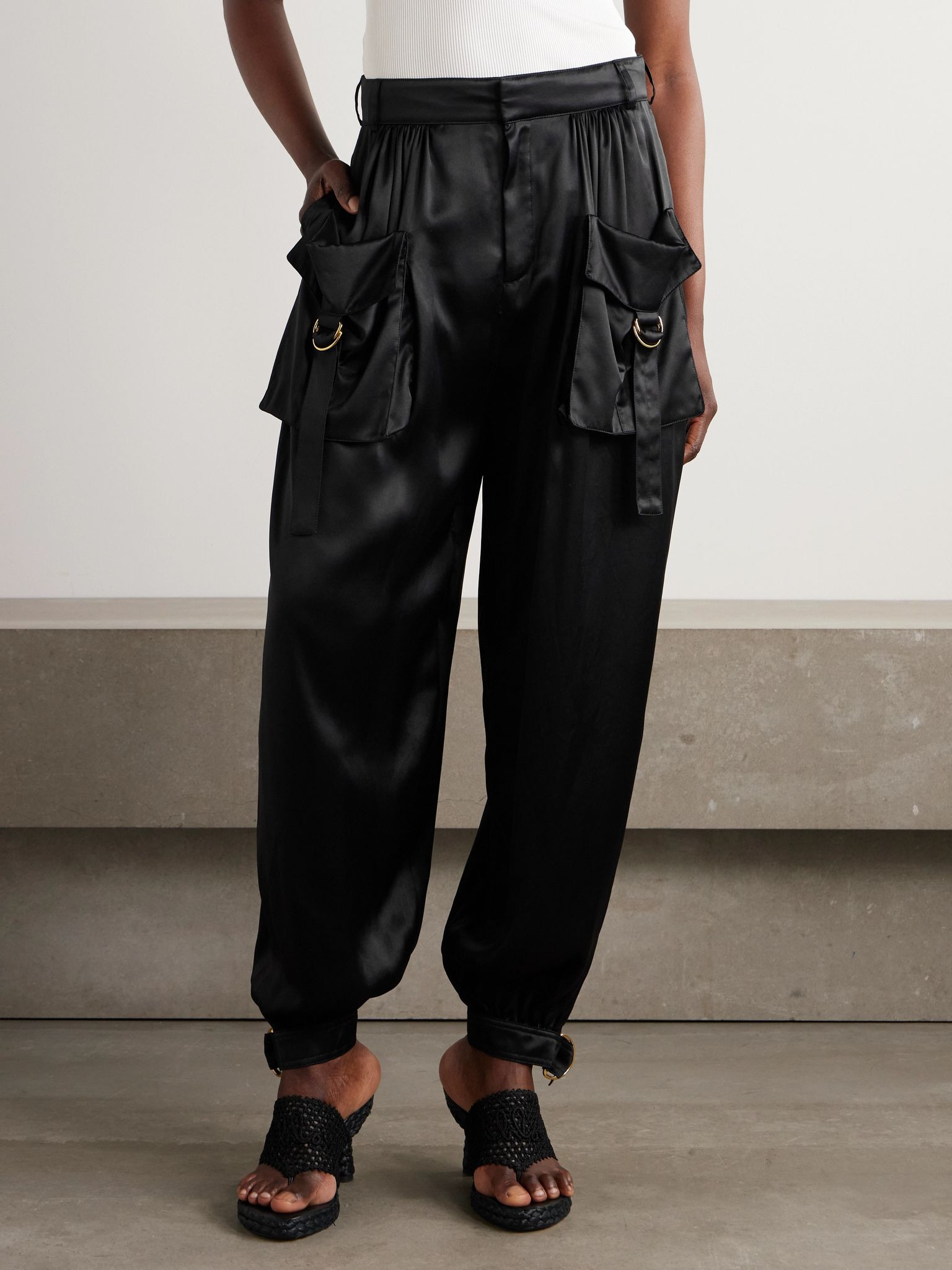 Embellished pleated silk-satin tapered pants Black - 3