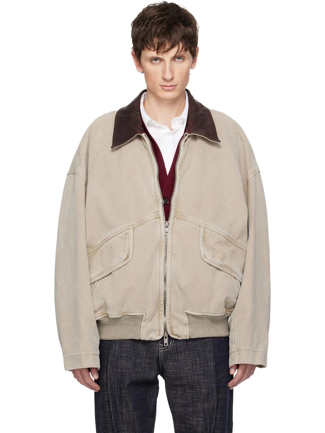 Beige Leather Collar Oxford Jacket - 1