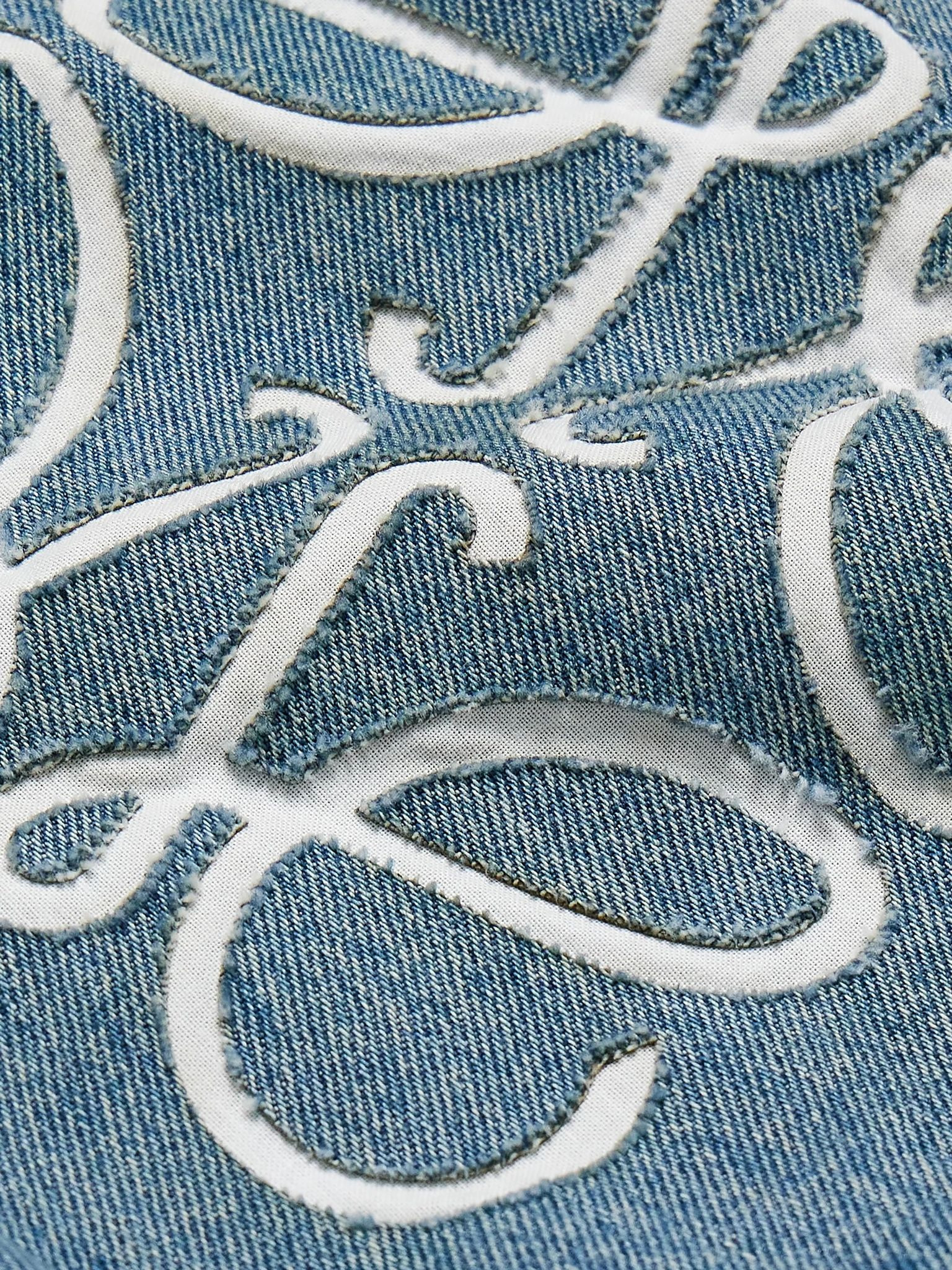 Anagram Leather-Trimmed Cutout Denim Trucker Jacket Blue - 5