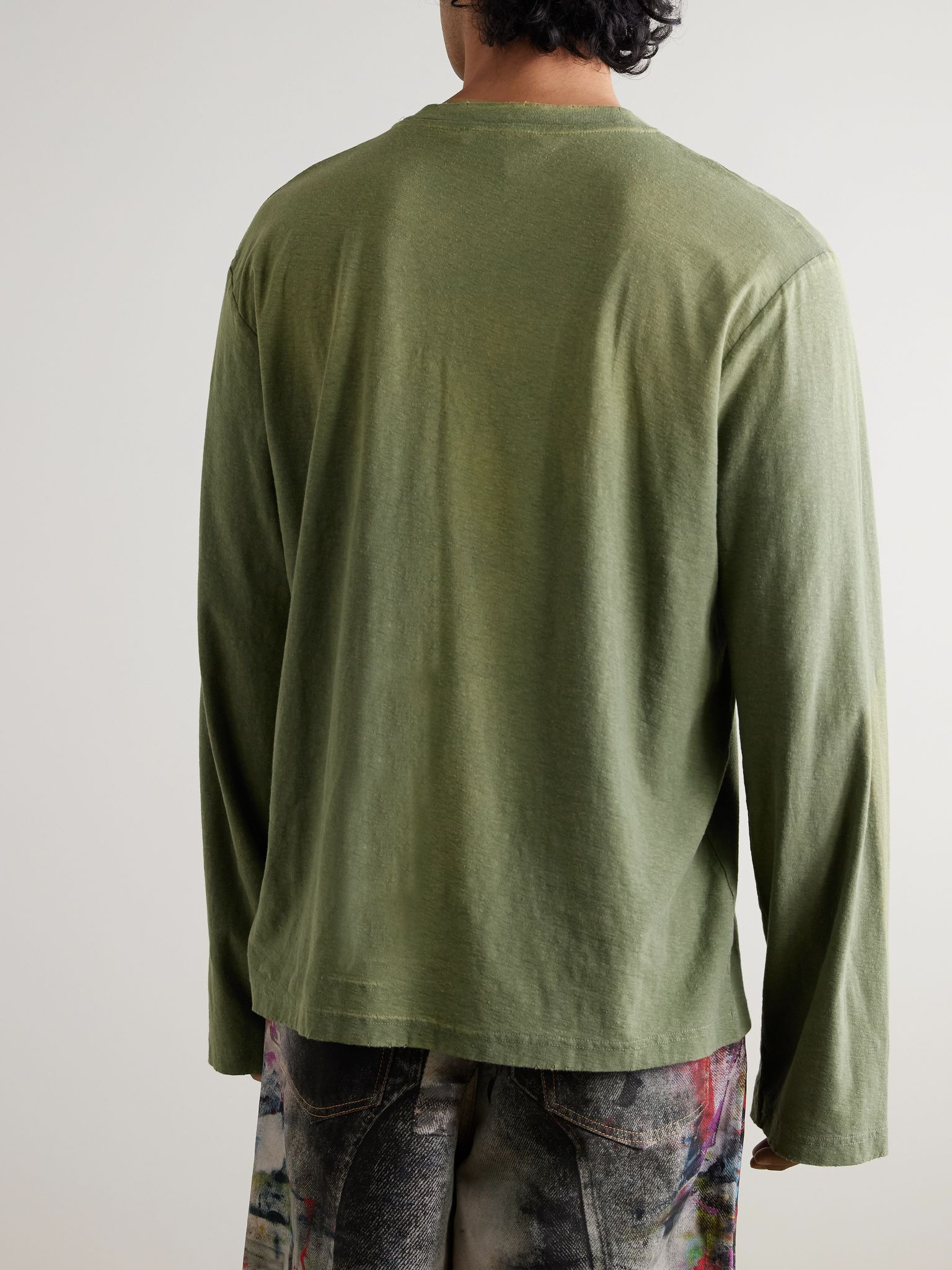 Edden U 1996 Logo-Print Distressed Cotton and Hemp-Blend T-Shirt Green - 3