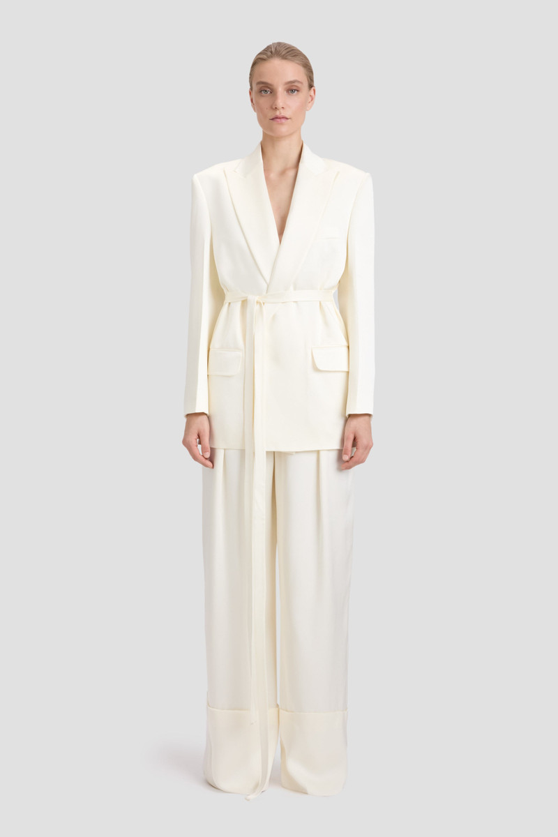Victoria Beckham Wide Leg Turn-Up Trouser In Ivory outlook