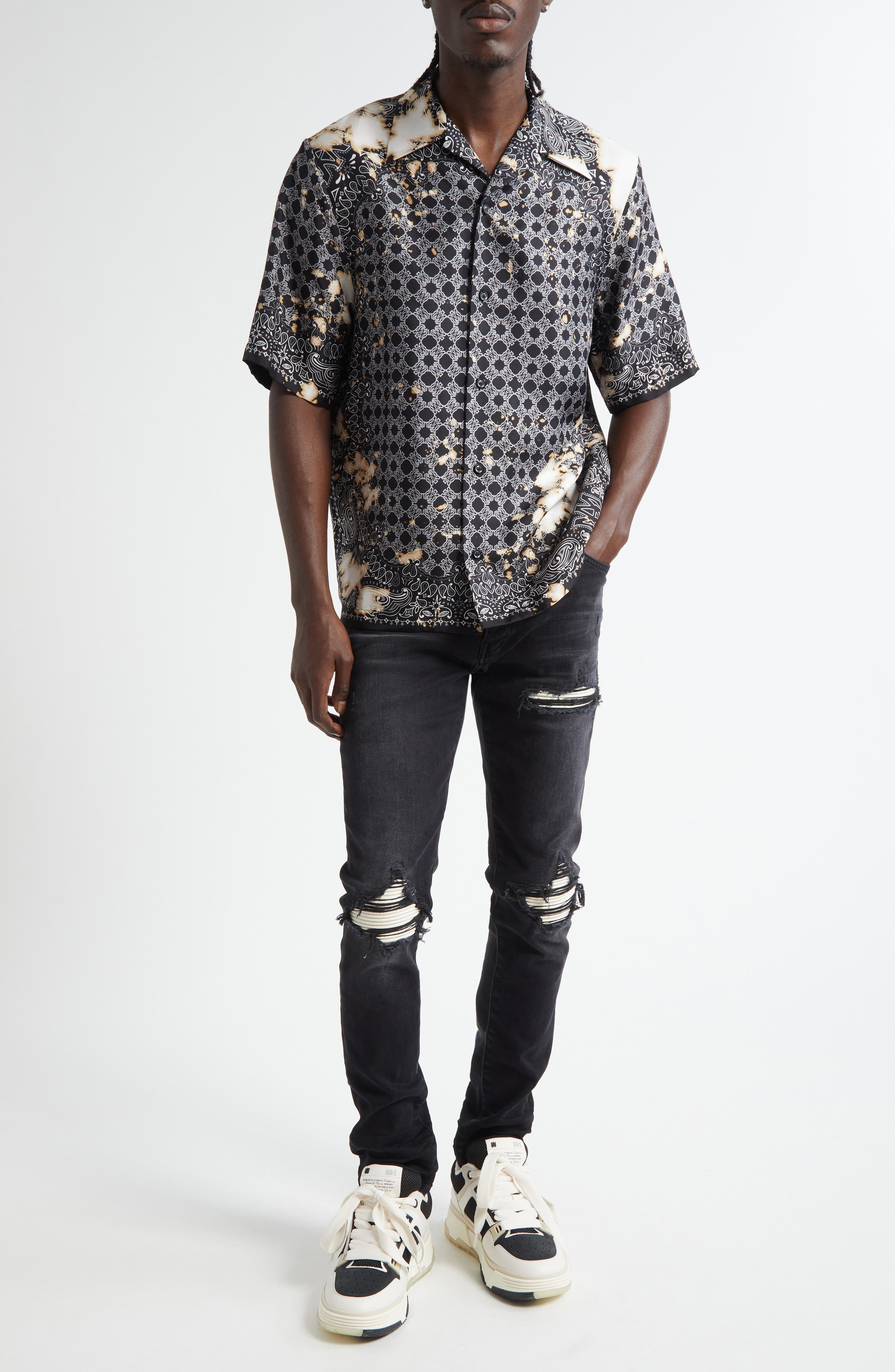 AMIRI MX1 Ultrasuede Patched Skinny Jeans in Vintage Black at Nordstrom - 8