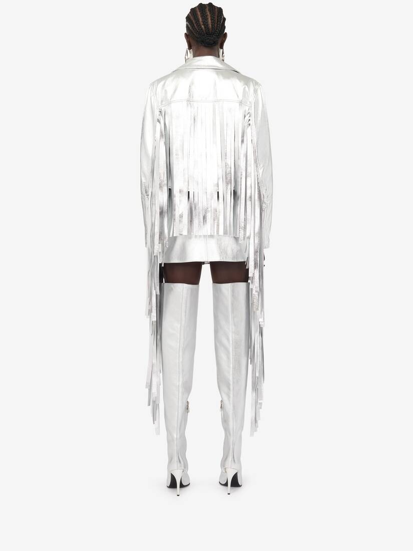 Women's Fringed Biker Jacket in Silver - 4