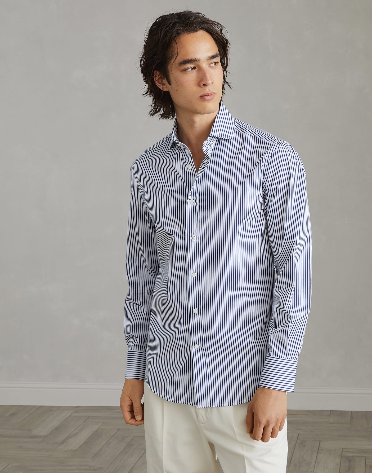 Striped poplin slim fit shirt with spread collar - 1