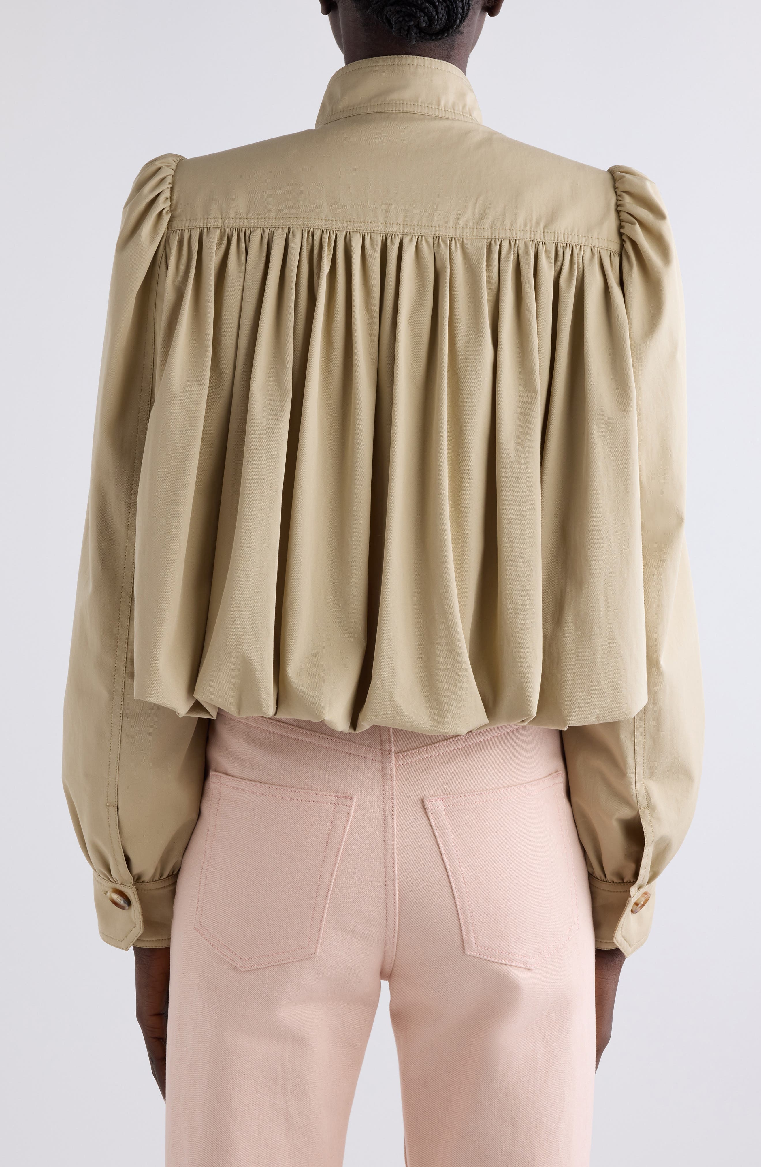 Chloé Puff Sleeve Gathered Cotton Gabardine Crop Jacket in Smoky Beige at Nordstrom - 3