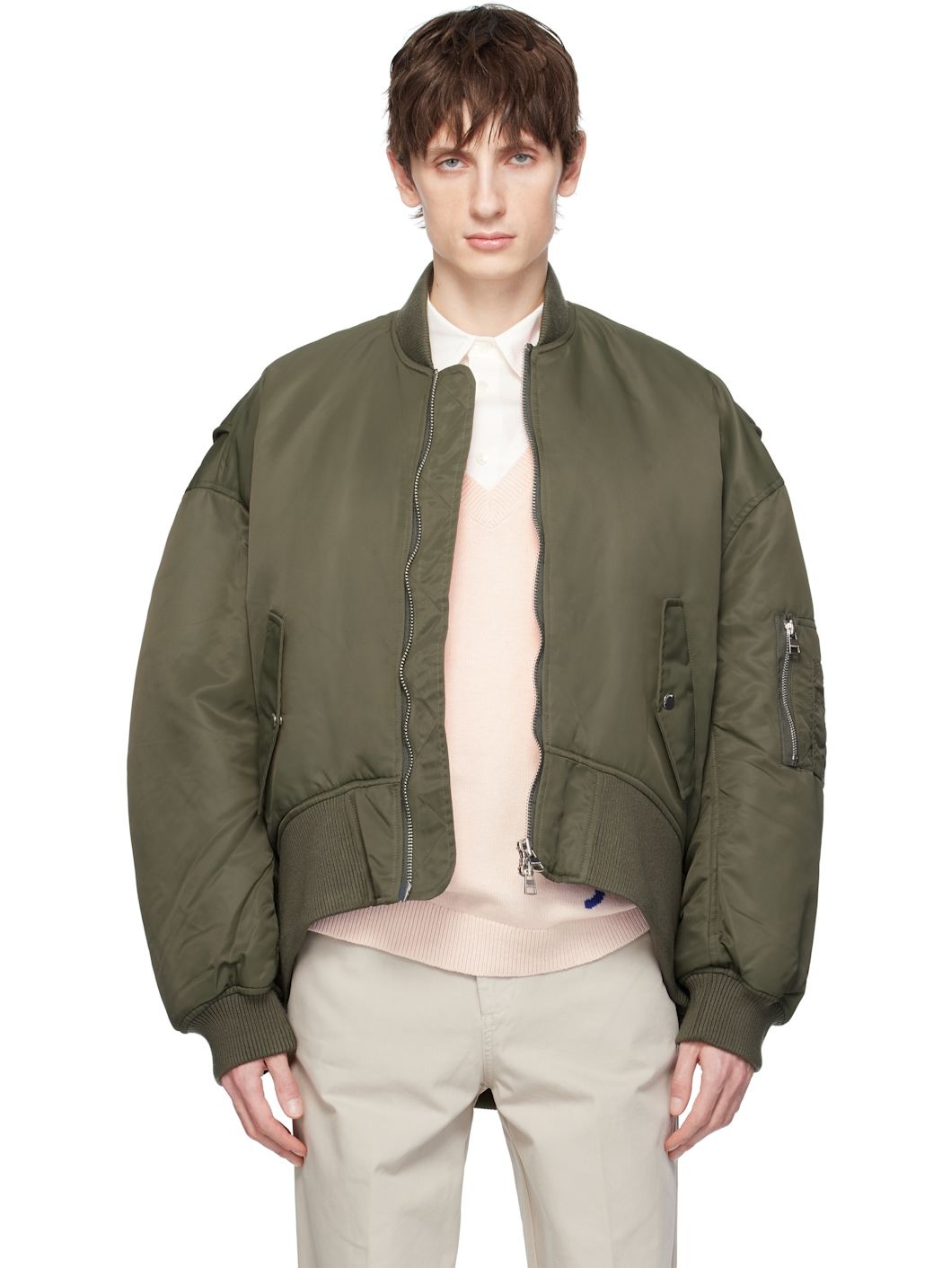 Green Curved Hem Oversized Bomber Jacket - 1