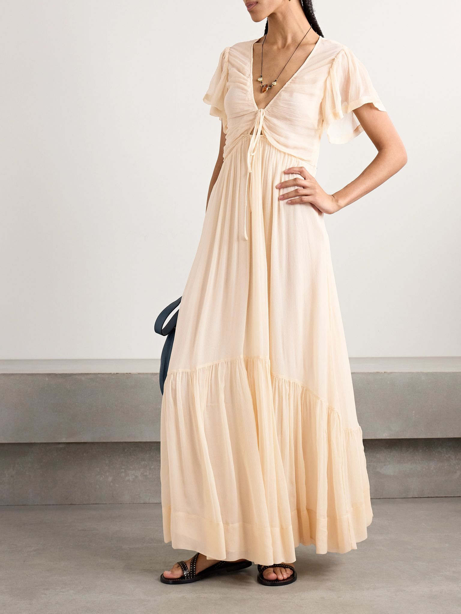 Agathe tiered gathered silk-crepon maxi dress Beige - 2