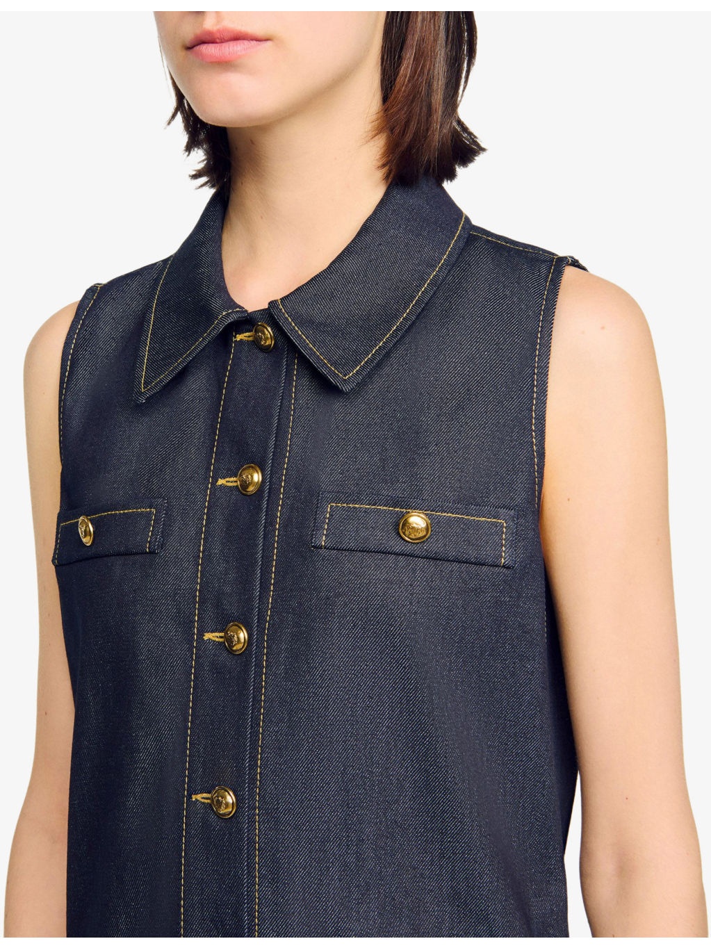 Sleeveless Pleated-Skirt Denim Mini Dress - 5