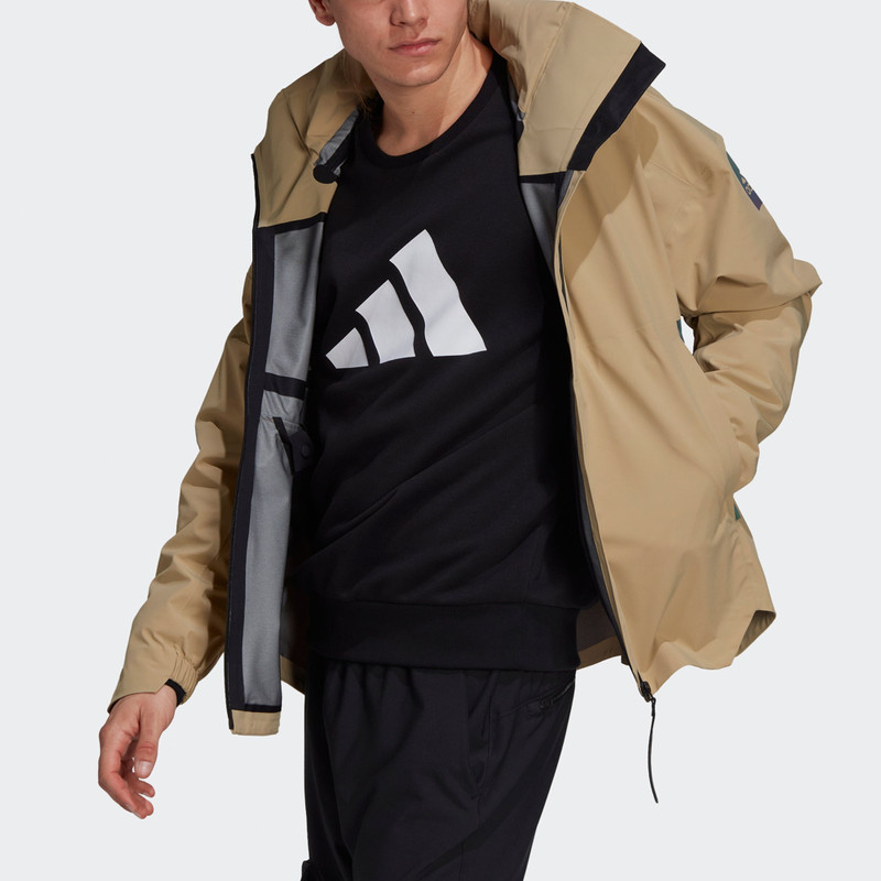 adidas Men's adidas Myshelter Jkt Outdoor Sports Rainproof Loose Hooded Logo Khaki Jacket GT6574 outlook