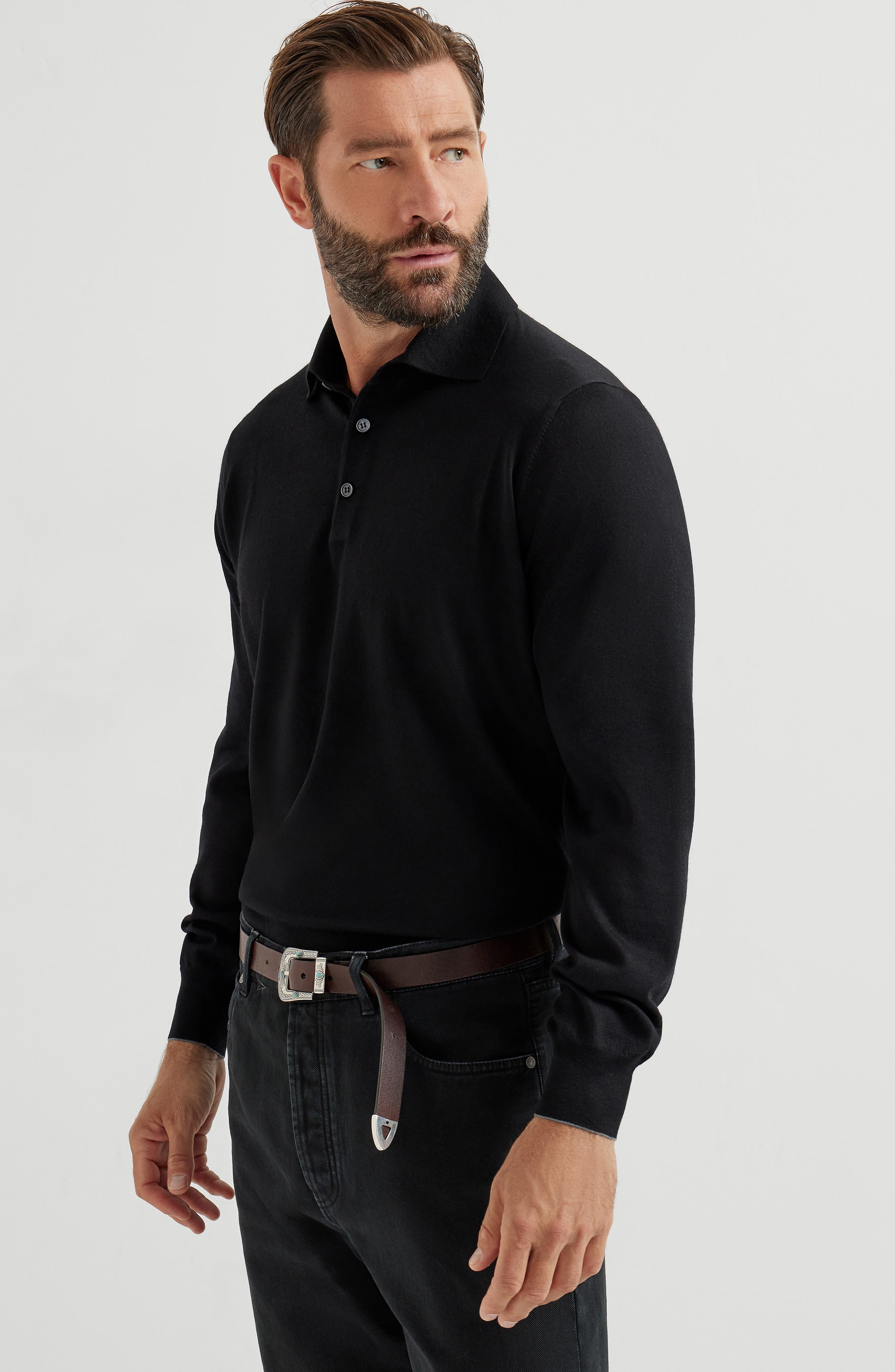Brunello Cucinelli Lightweight knit Polo in Black at Nordstrom - 2