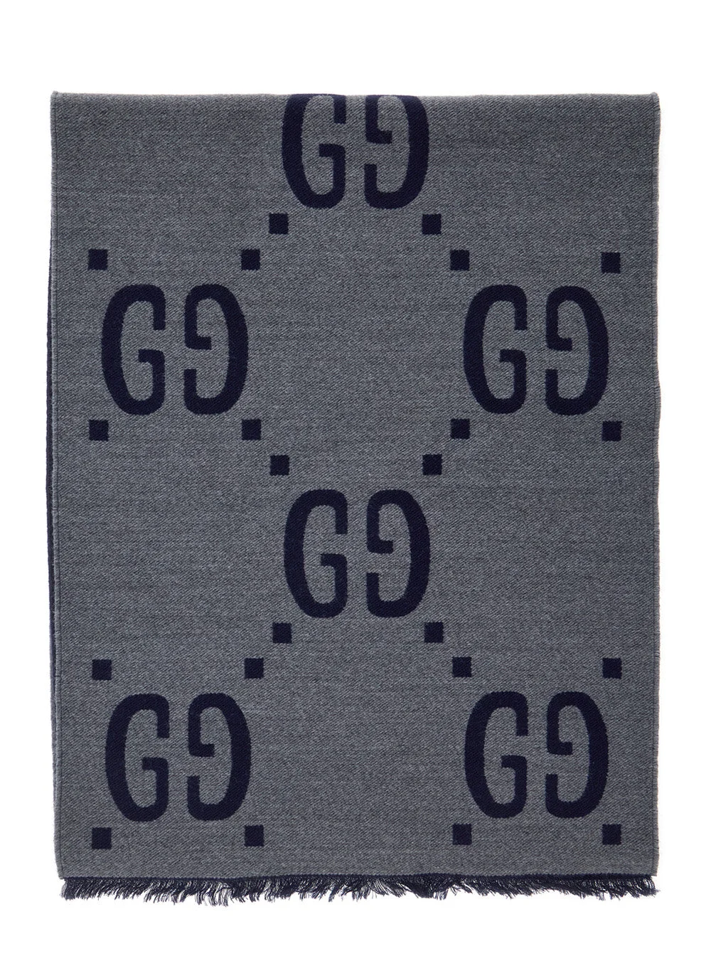 Gucci Men Grey Scarf With Fringed Trim And All-Over Gg Motif In Wool For Men - 1