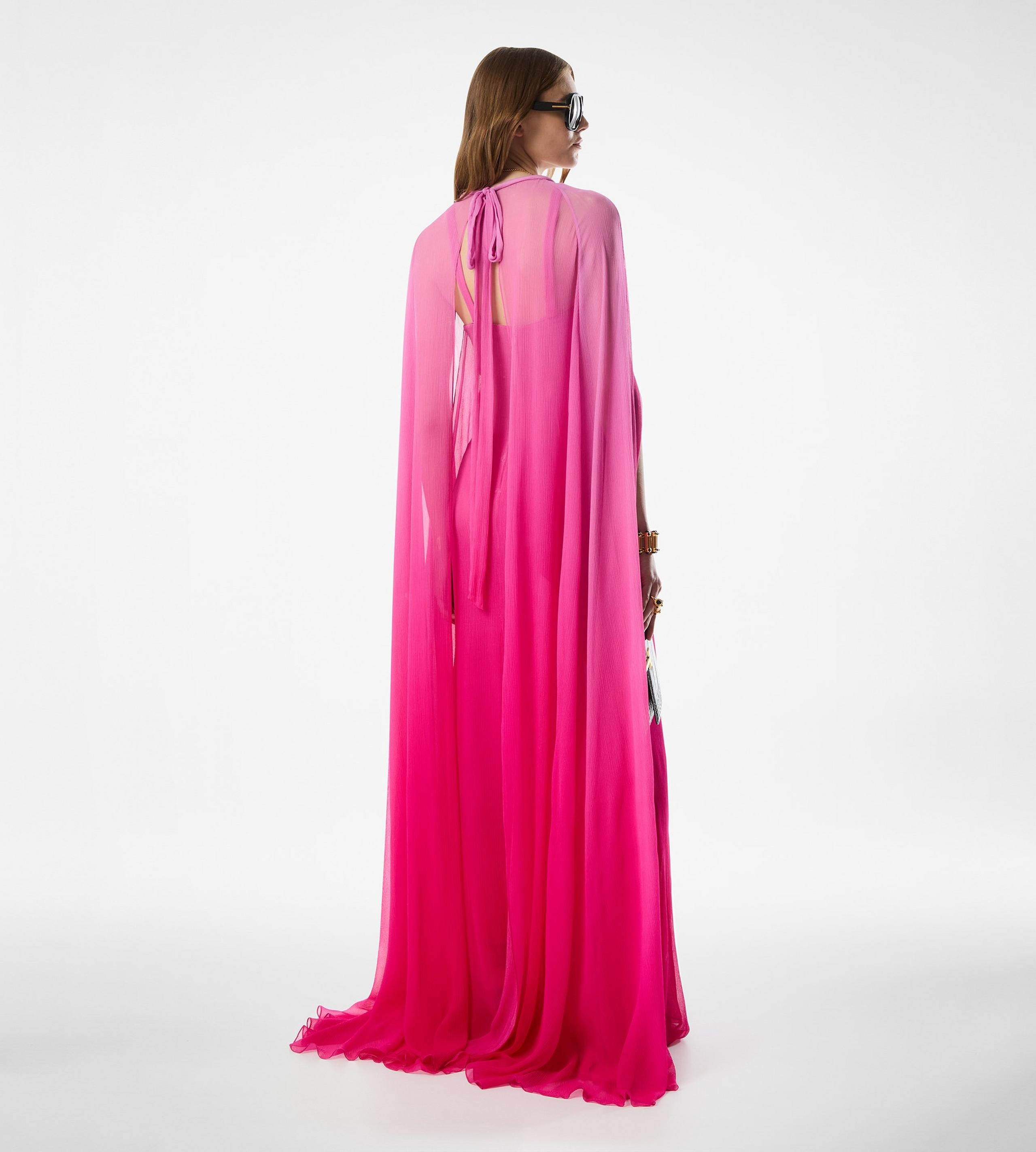 EVENING DRESS WITH KEYHOLE NECKLINE AND LONG CAPE SLEEVES - 4