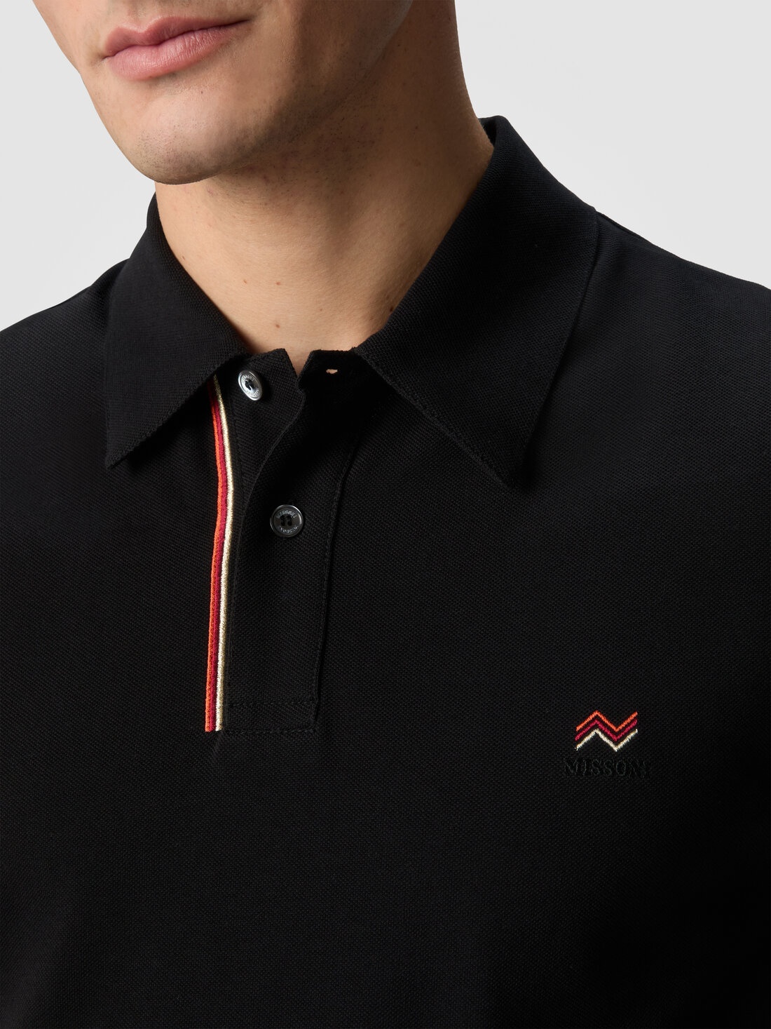 Solid color cotton piqué polo shirt with zigzag embroidery and contrasting detail - 5