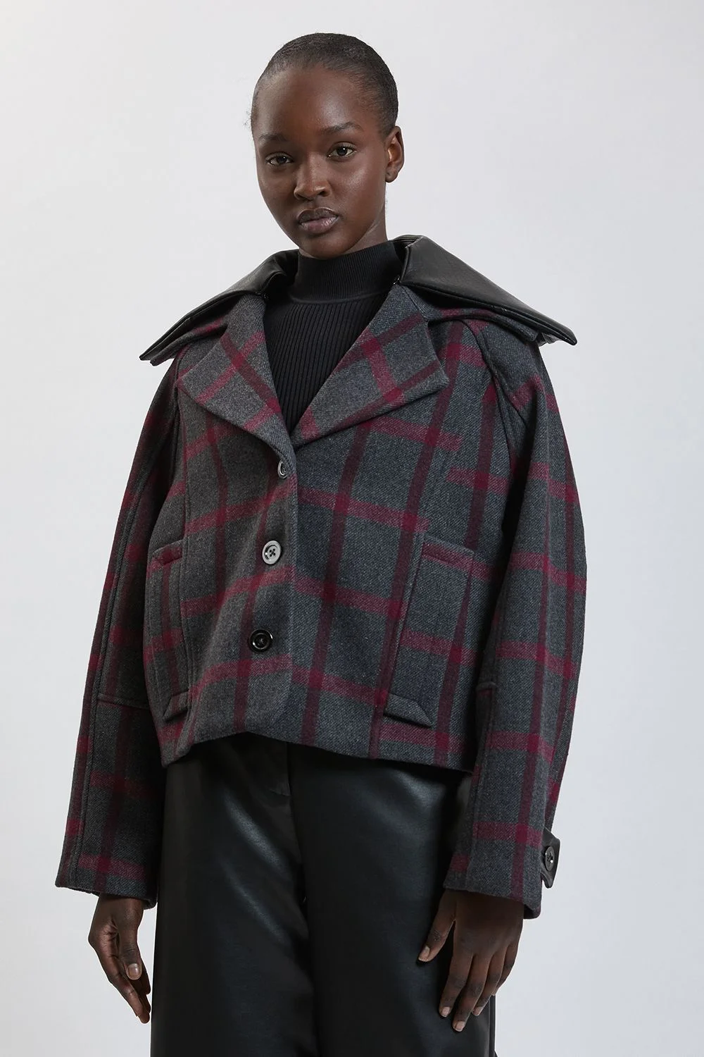 Wool Check & Faux Leather Mix Rounded Coat - 1