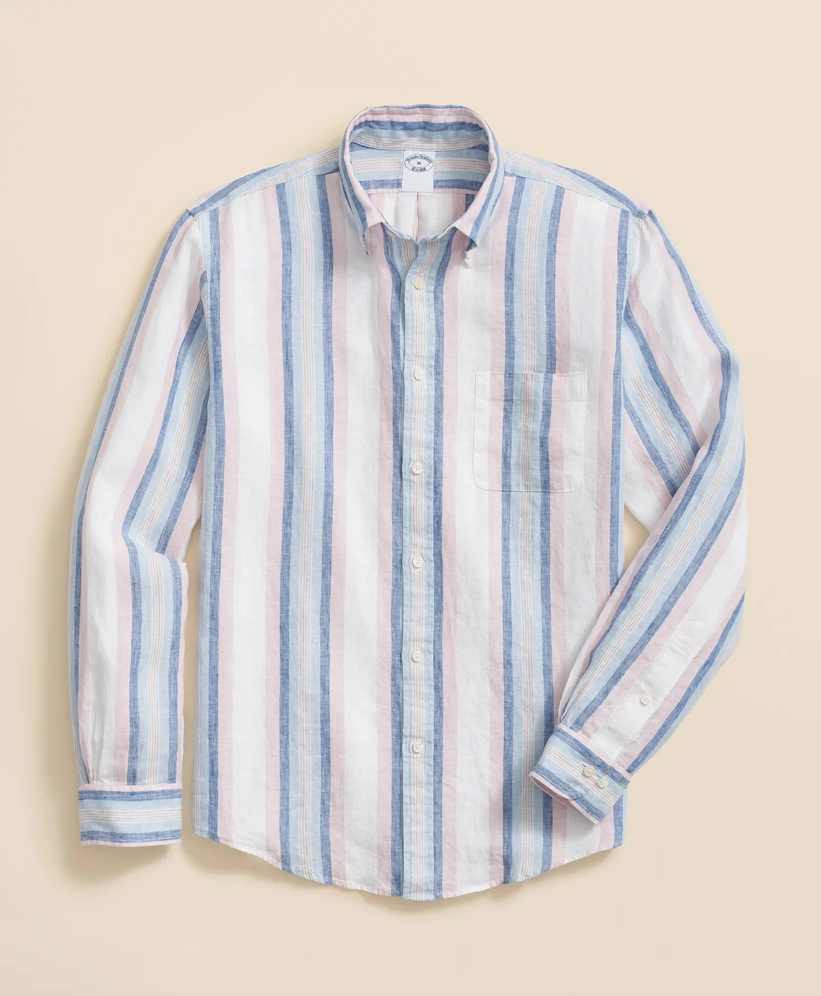 Irish Linen Polo Button Down Collar, Awning Stripe Shirt - 1