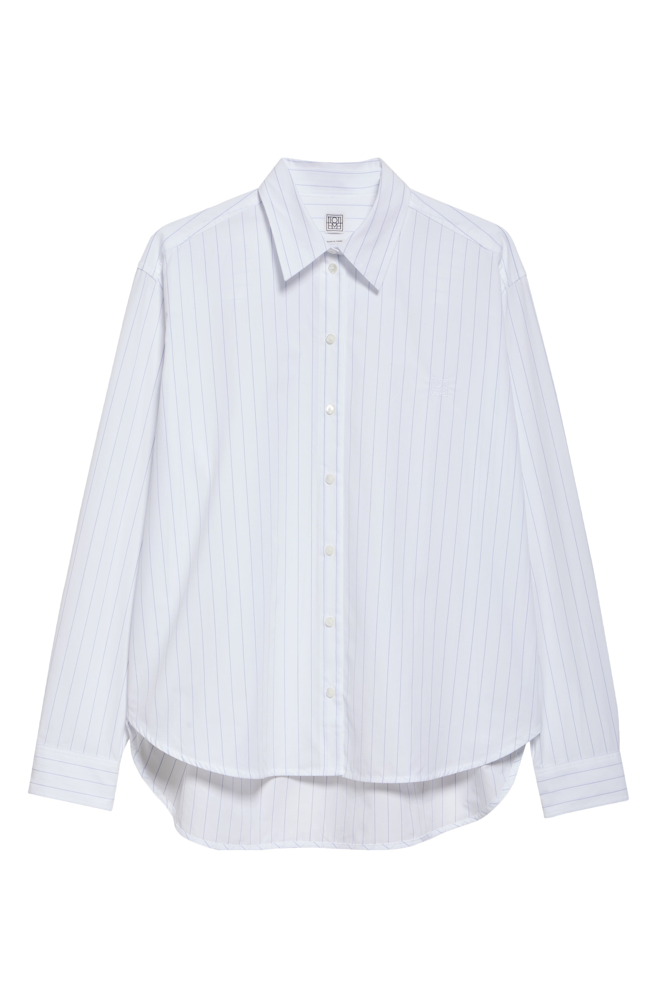 TOTEME Monogram Stripe Organic Cotton Poplin Button-Up Shirt in White/Cobalt Pinstripe at Nordstrom - 6