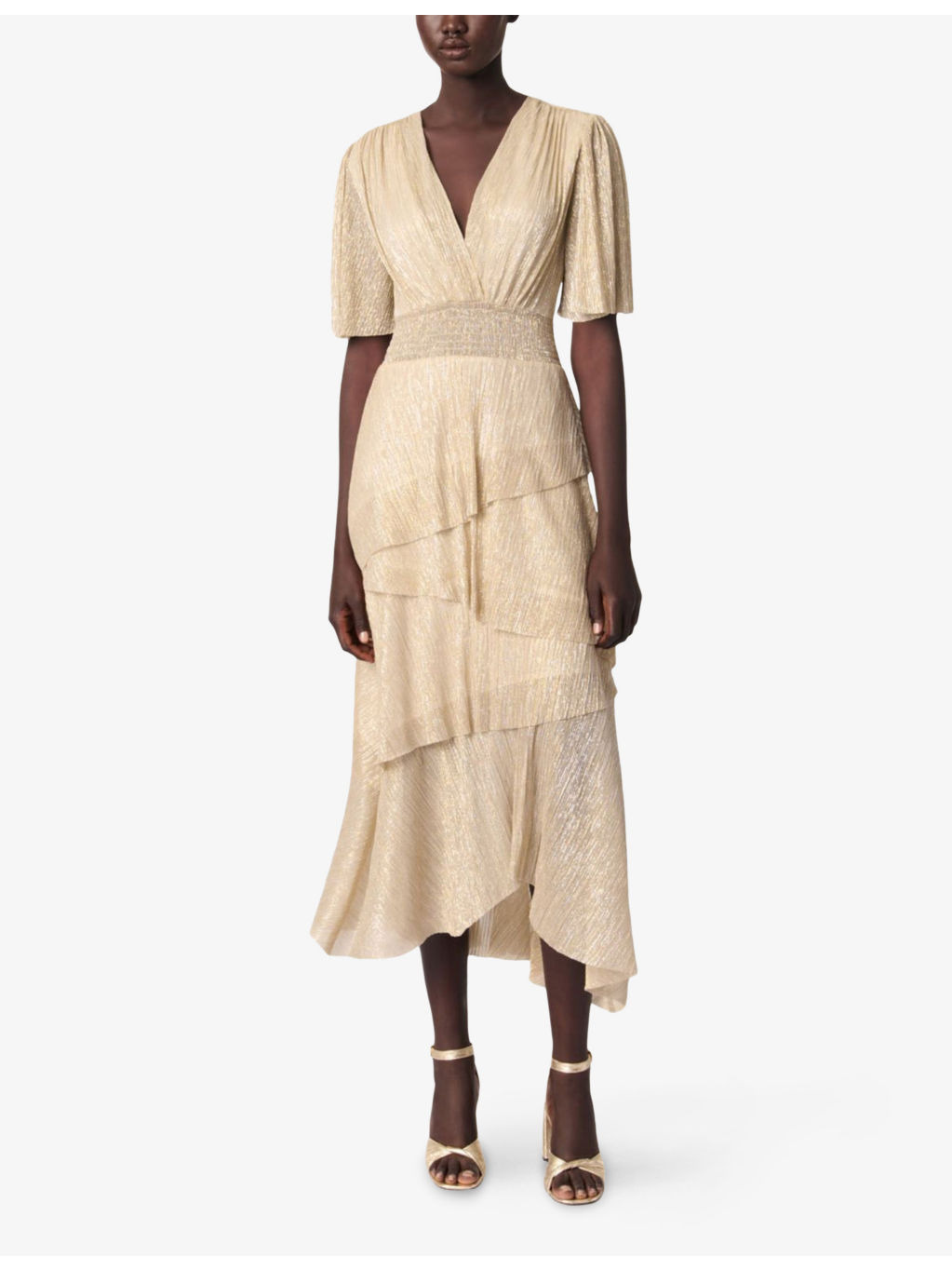 Tiered Asymmetric-Hem Metallic-Woven Midi Dress - 2
