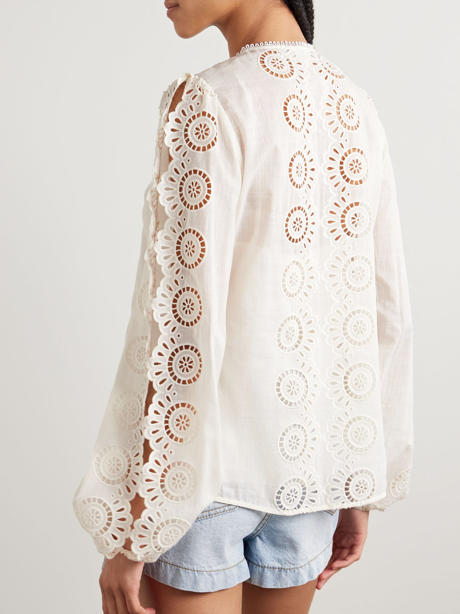 Lucky pintucked broderie anglaise cotton-voile top Cream - 4