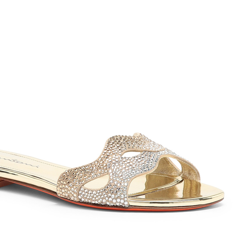 Women's gold laminated leather and crystals sandal 6