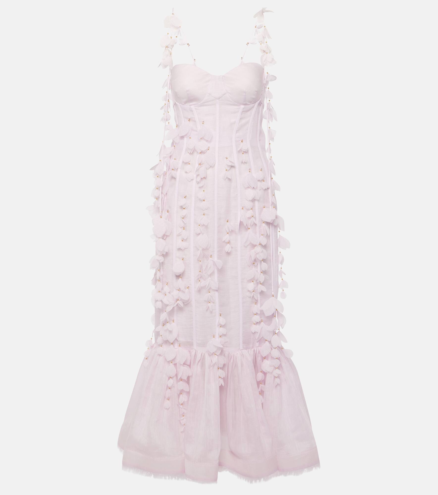 Floral-appliqué linen and silk bustier gown - 1