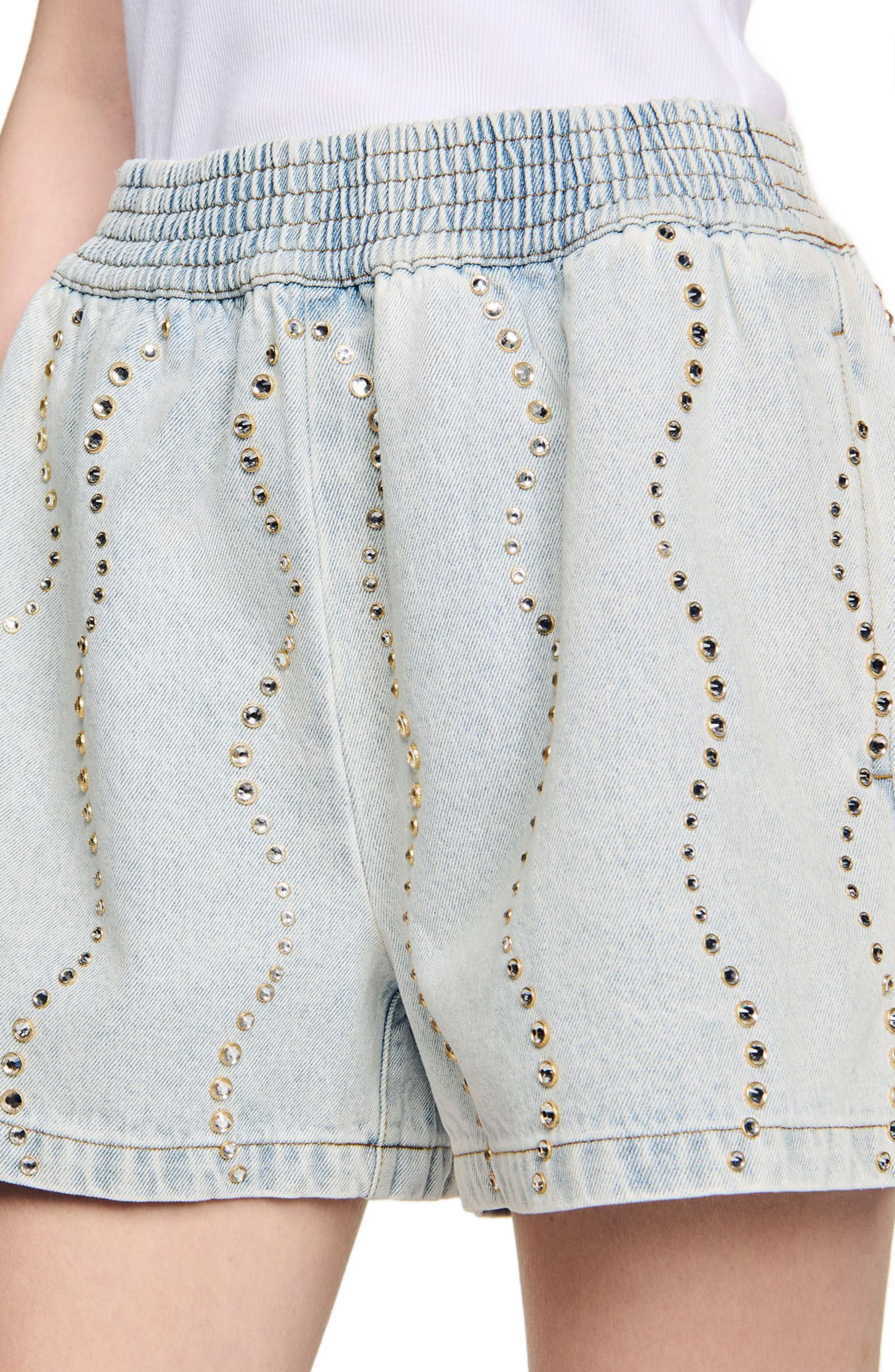 SANDRO Beaded and rhinestone denim shorts in Light Bu Jean at Nordstrom - 3