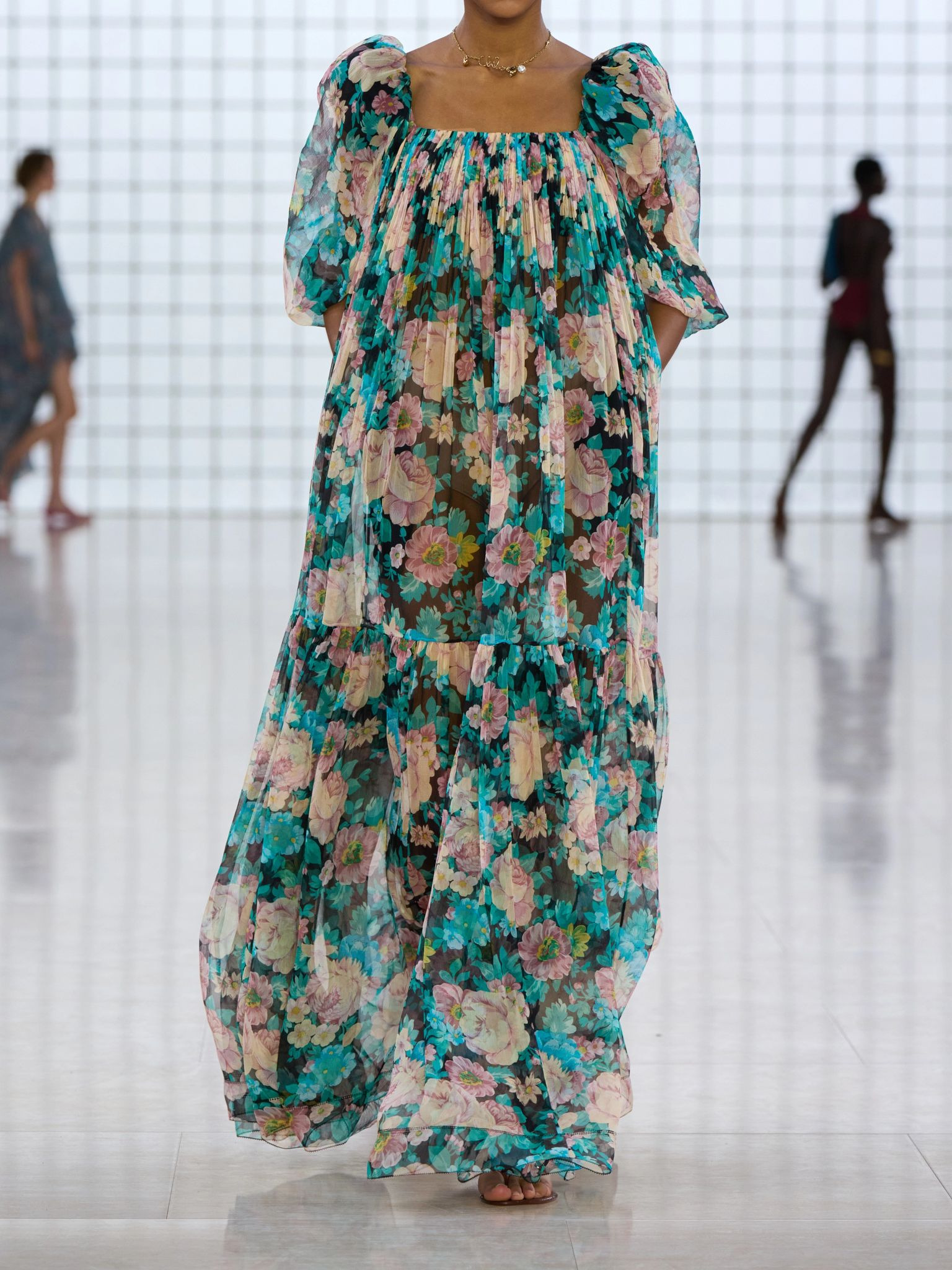 Gathered floral-print silk-muslin maxi dress Blue - 4
