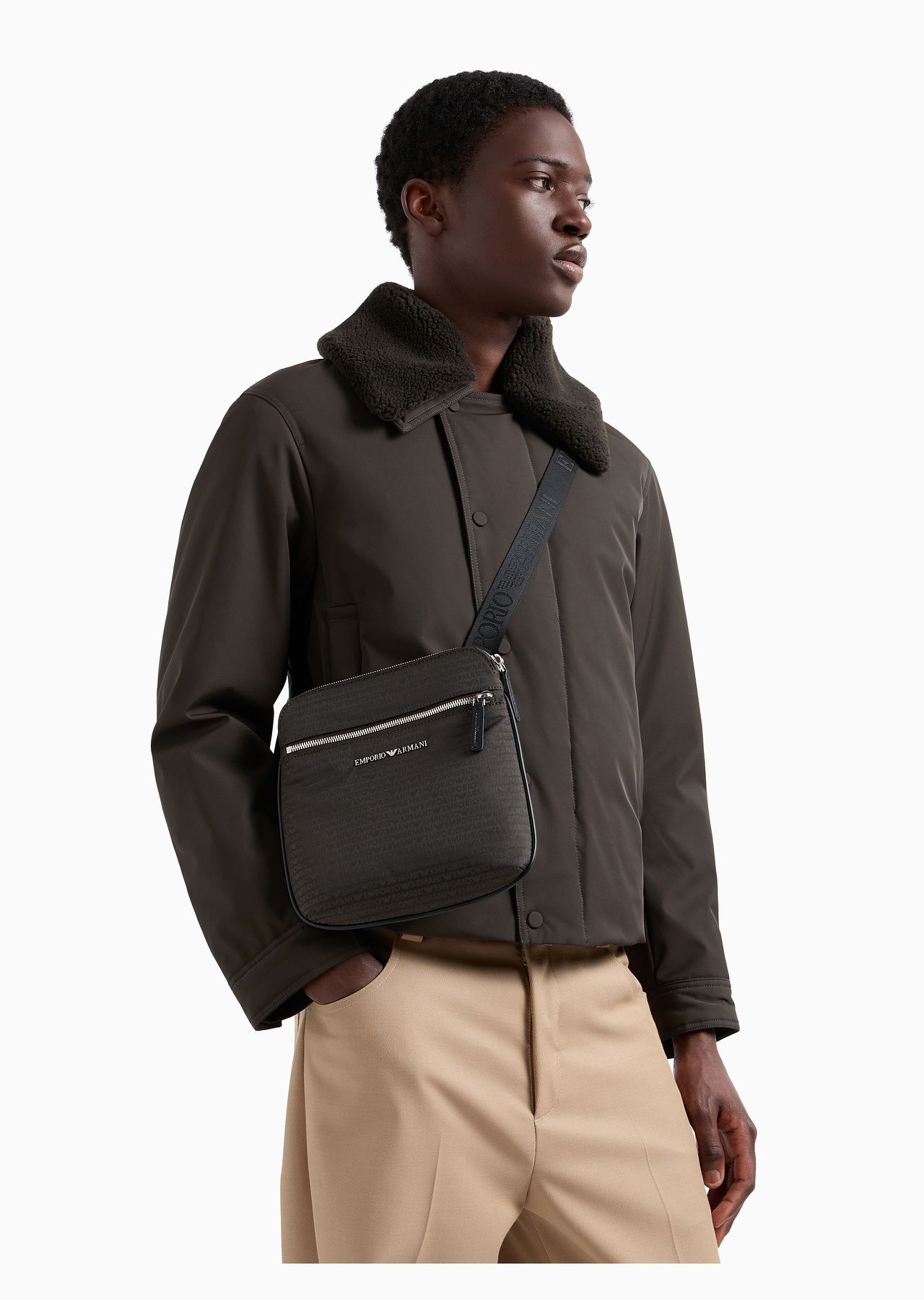 Flat shoulder bag in nylon with all-over jacquard logo lettering - 11