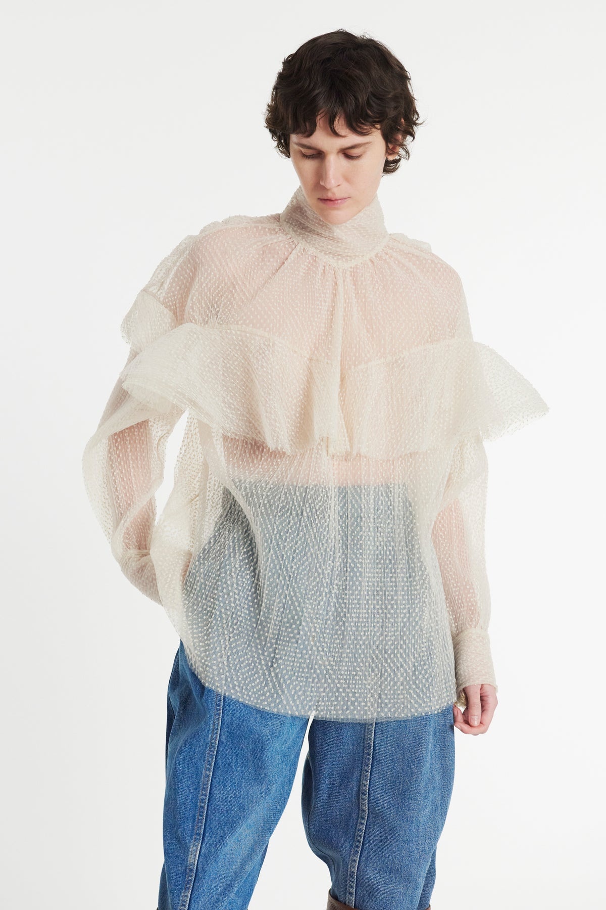 DOUBLE LAYERED TULLE TOP WITH CHEST FRILL DETAIL IVORY - 3