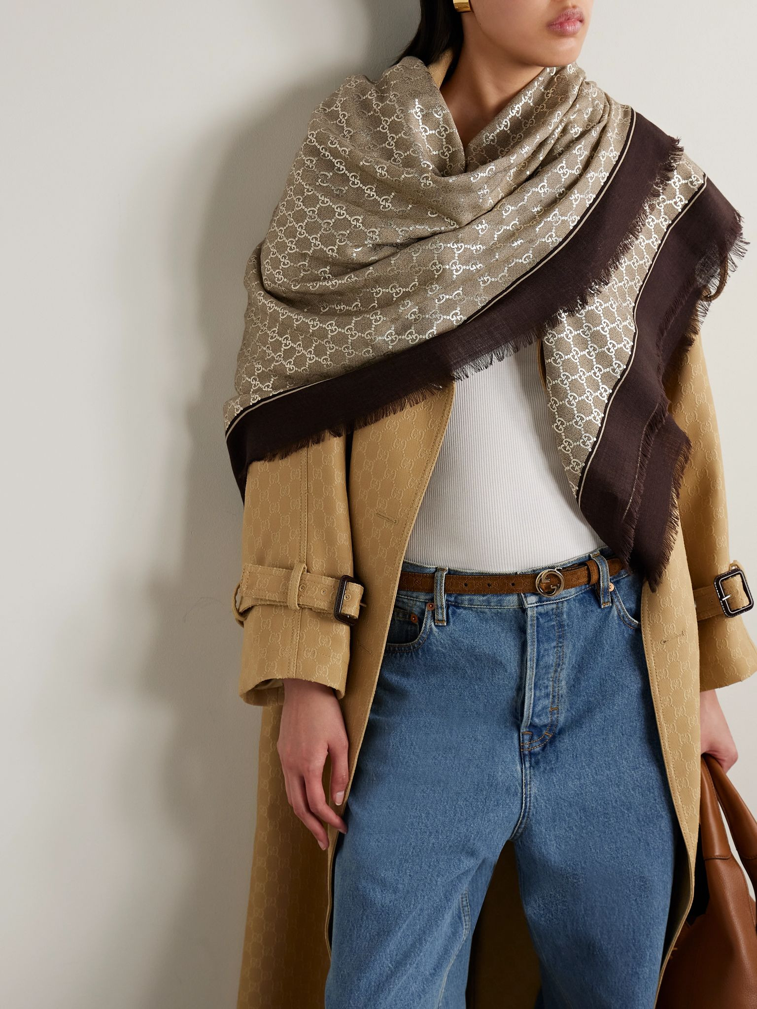 Frayed metallic wool-jacquard scarf Beige - 4