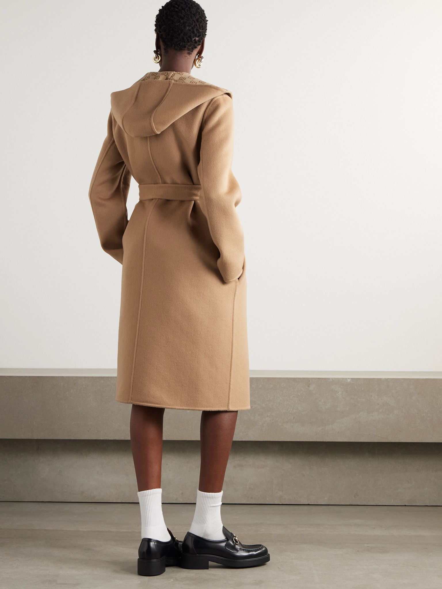Reversible hooded belted wool and silk-blend jacquard coat Camel - 4