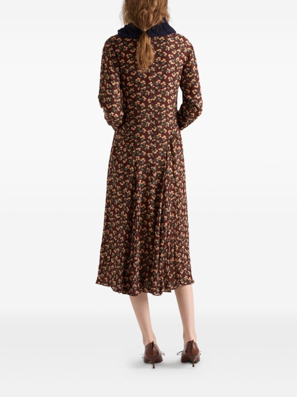 floral-print pleated knit-trim midi dress - 3