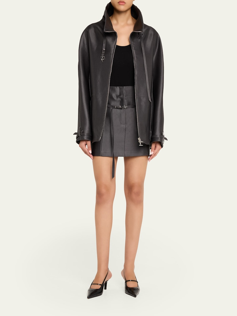 GRACE LING Belted Collar Striped Wool Oversized Jacket outlook