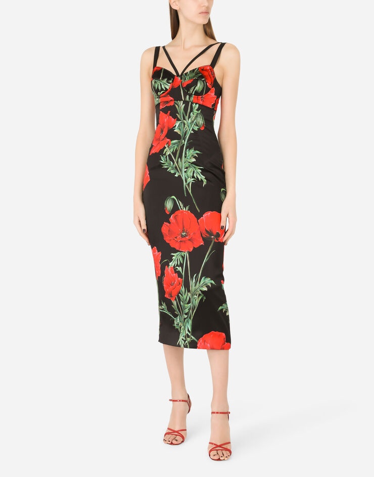 Satin calf-length corset dress with poppy print - 6