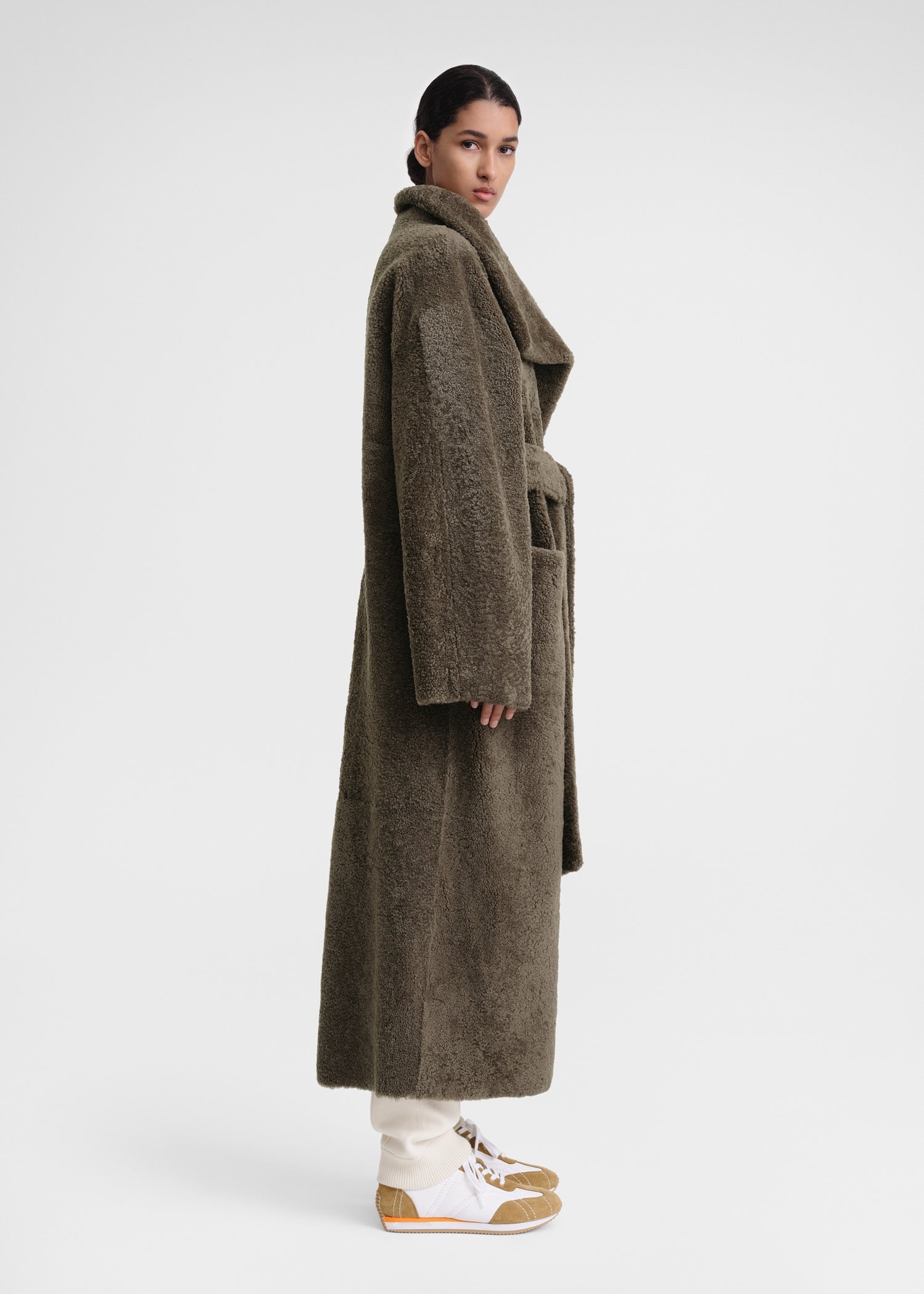 Belted teddy shearling coat cement green - 3