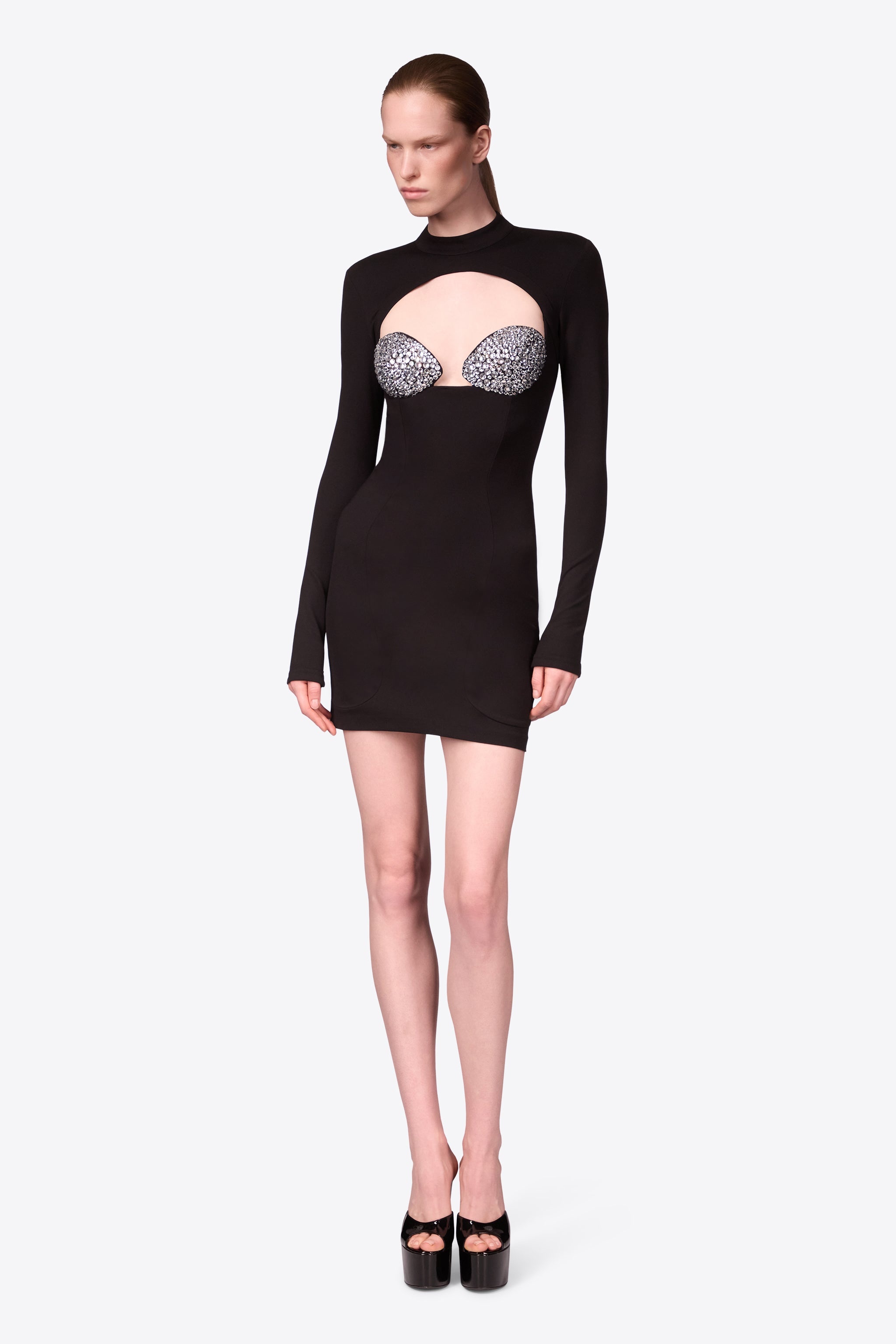 CRYSTAL EMBELLISHED BUSTIER CUP LONG SLEEVE DRESS - 4