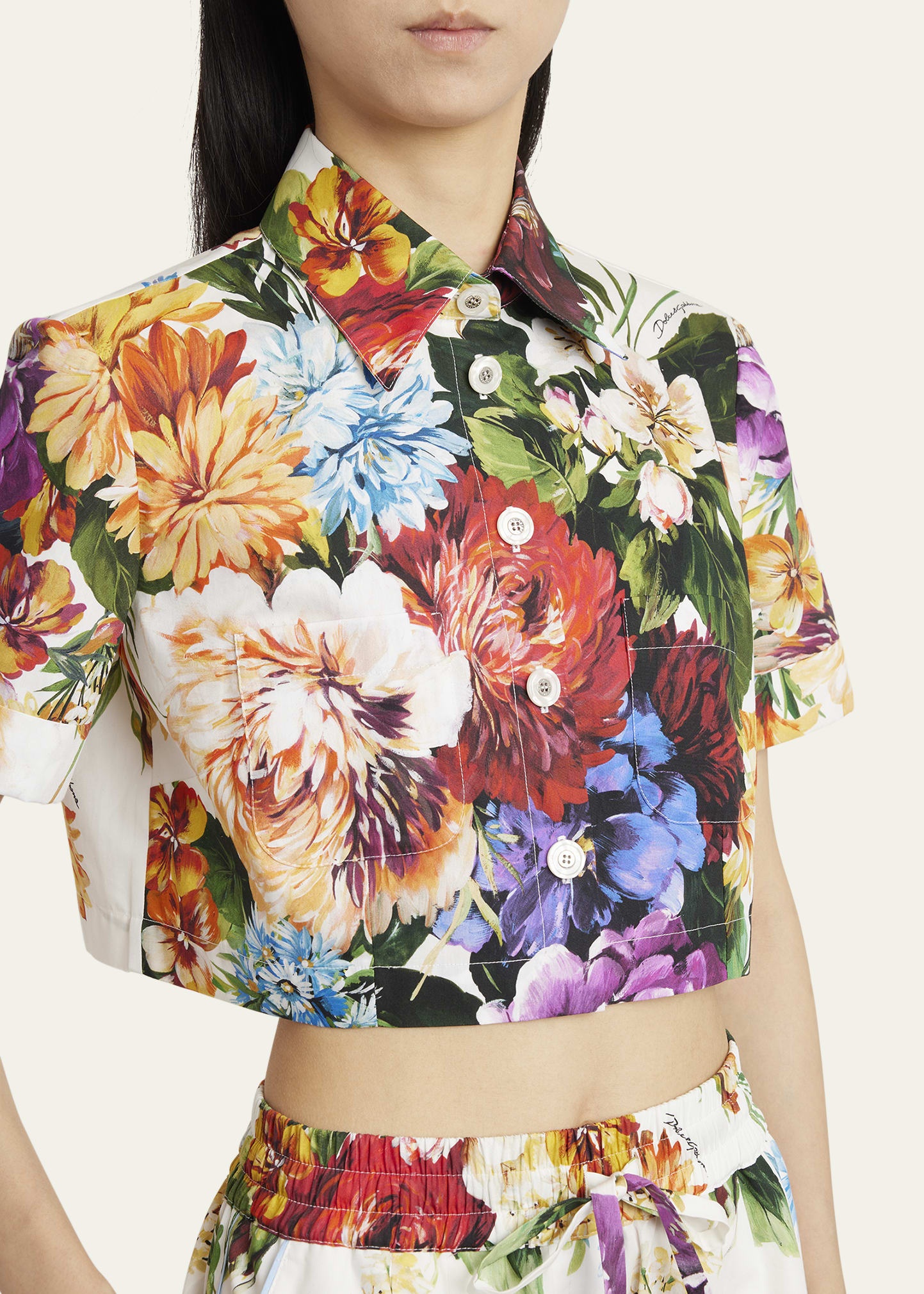 Flower Bouquet Popeline Crop Shirt - 5