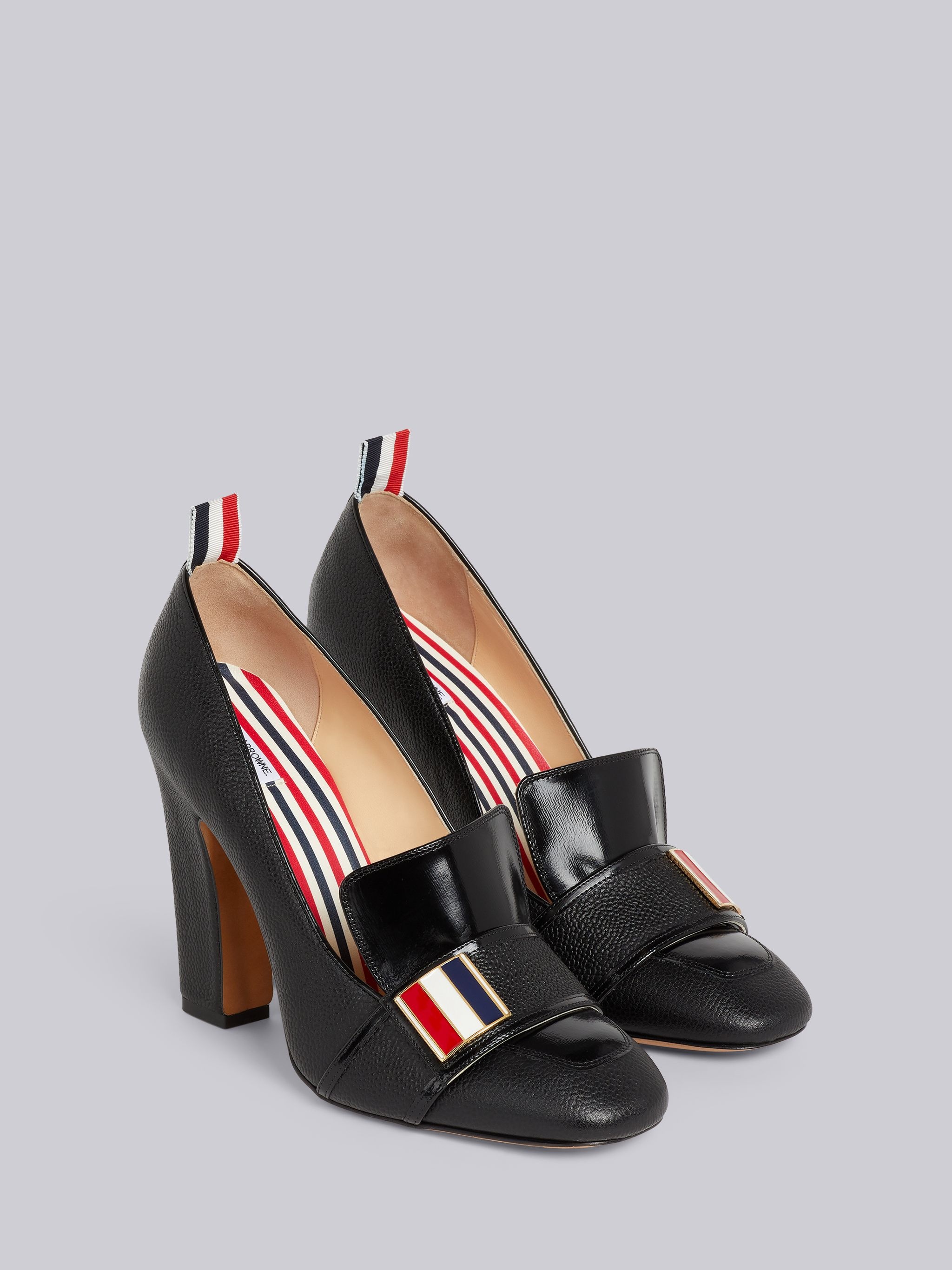 Black Soft Patent Leather Stripe Enamel Strap 105mm Block Heel Loafer - 3