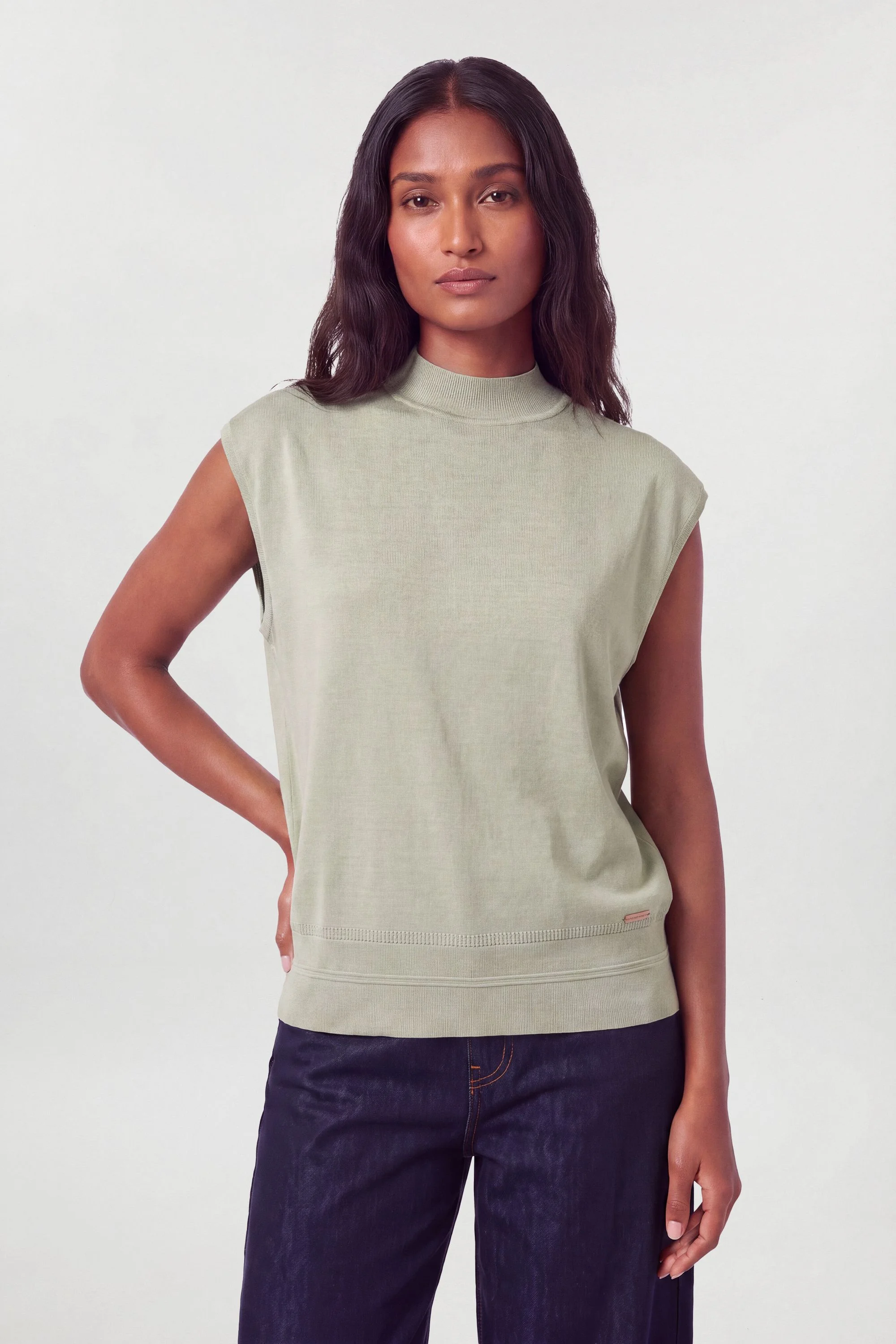 Slinky Drape High Neck Knitted Tank Top - 1