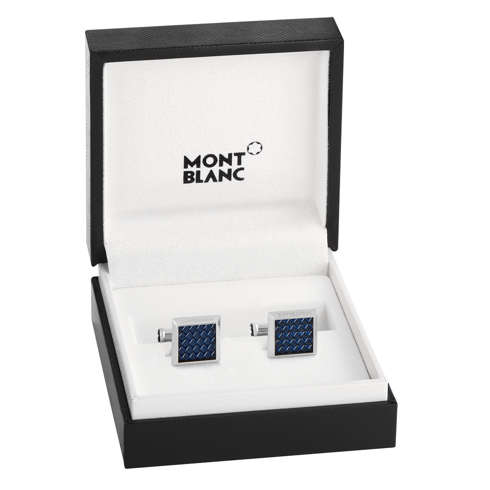 Cufflinks, rectangular in stainless steel with blue patterned inlay - 4