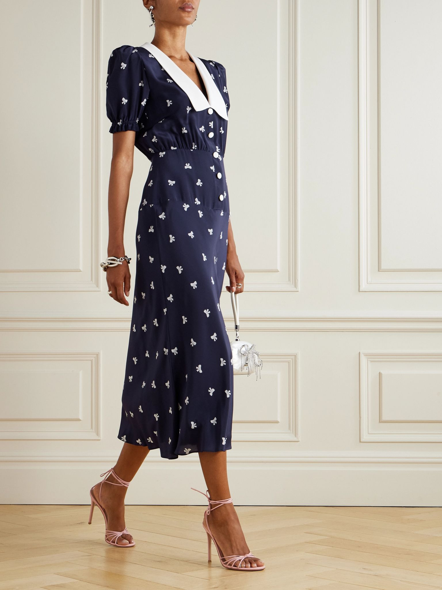 Crepe-trimmed gathered printed silk midi dress Navy - 2