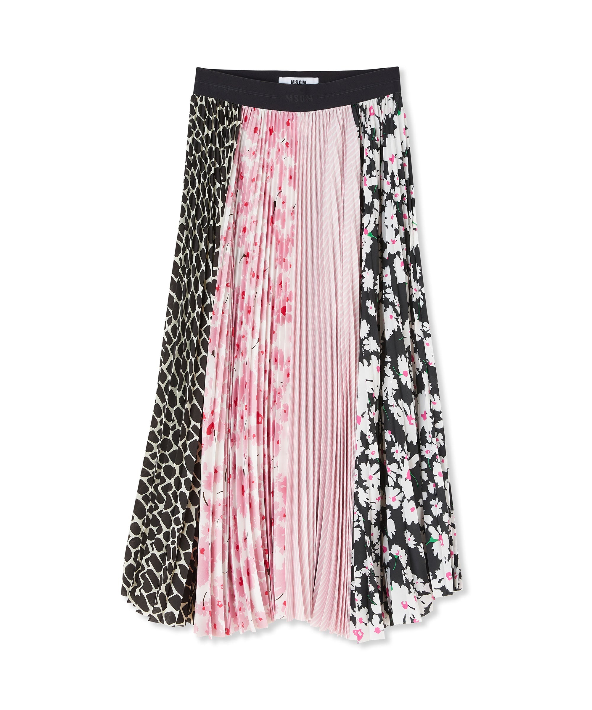 Long pleated skirt with patchwork print and elasticized waistband - 1