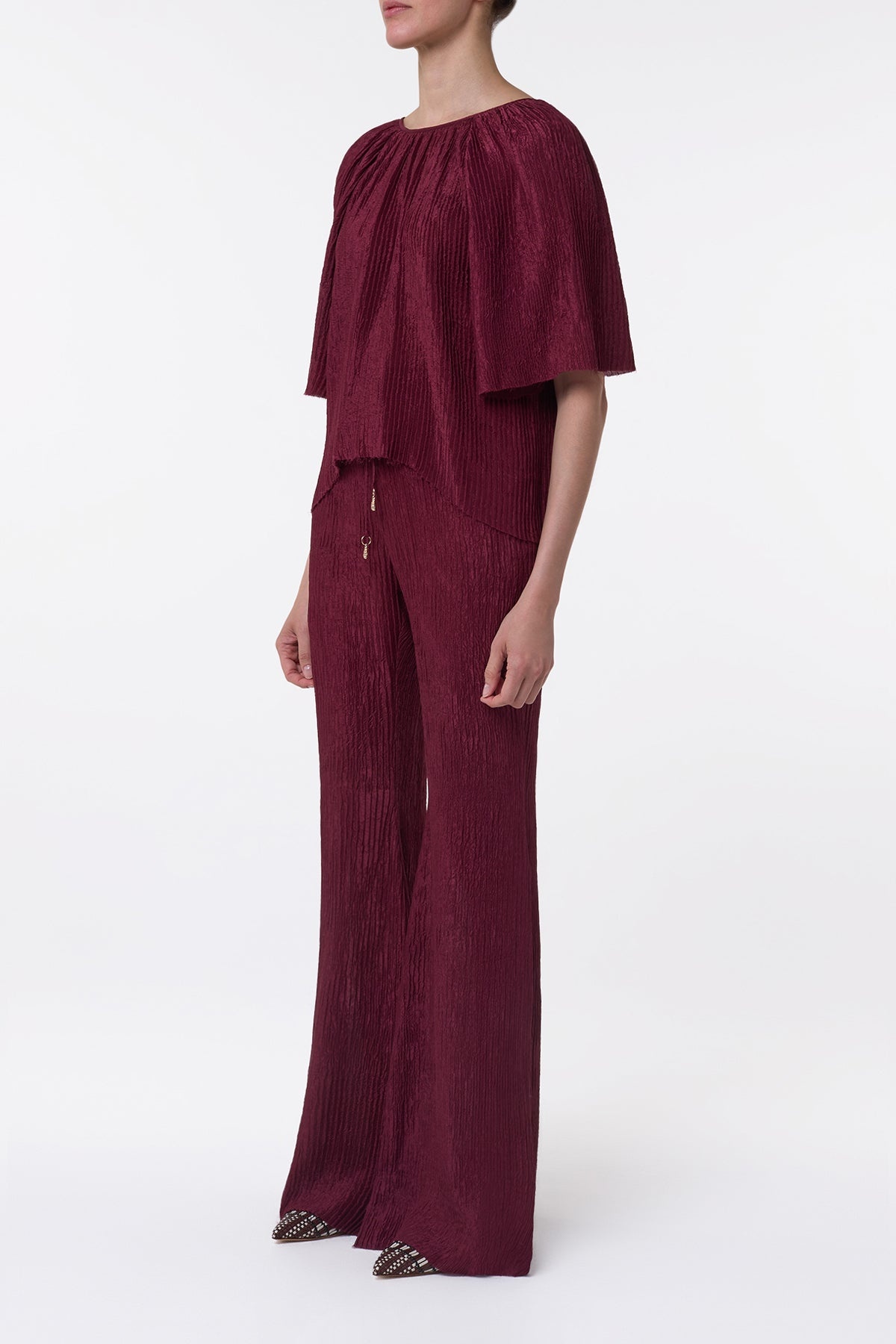 Claude Flare Pant in Bordeaux Plisse Silk - 4