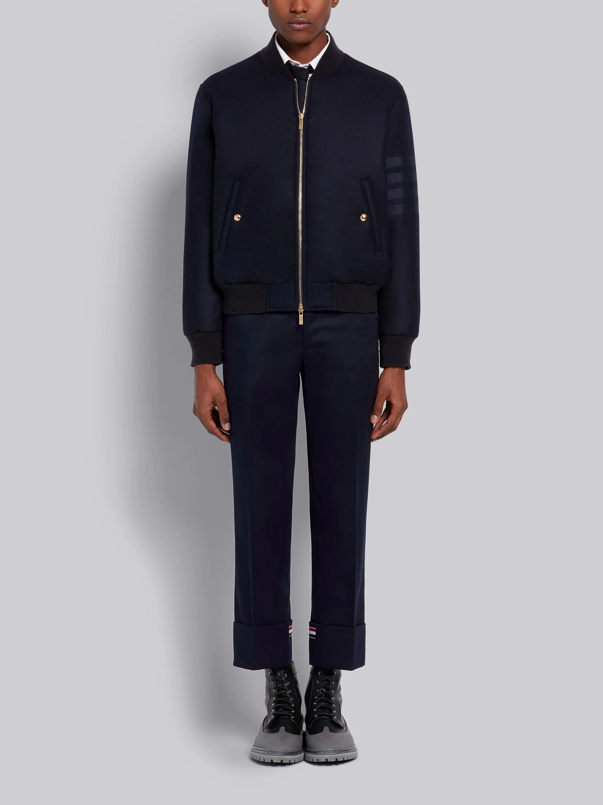 Navy Tech Down Wool Flannel Tonal 4-Bar Relaxed Blouson Jacket - 4